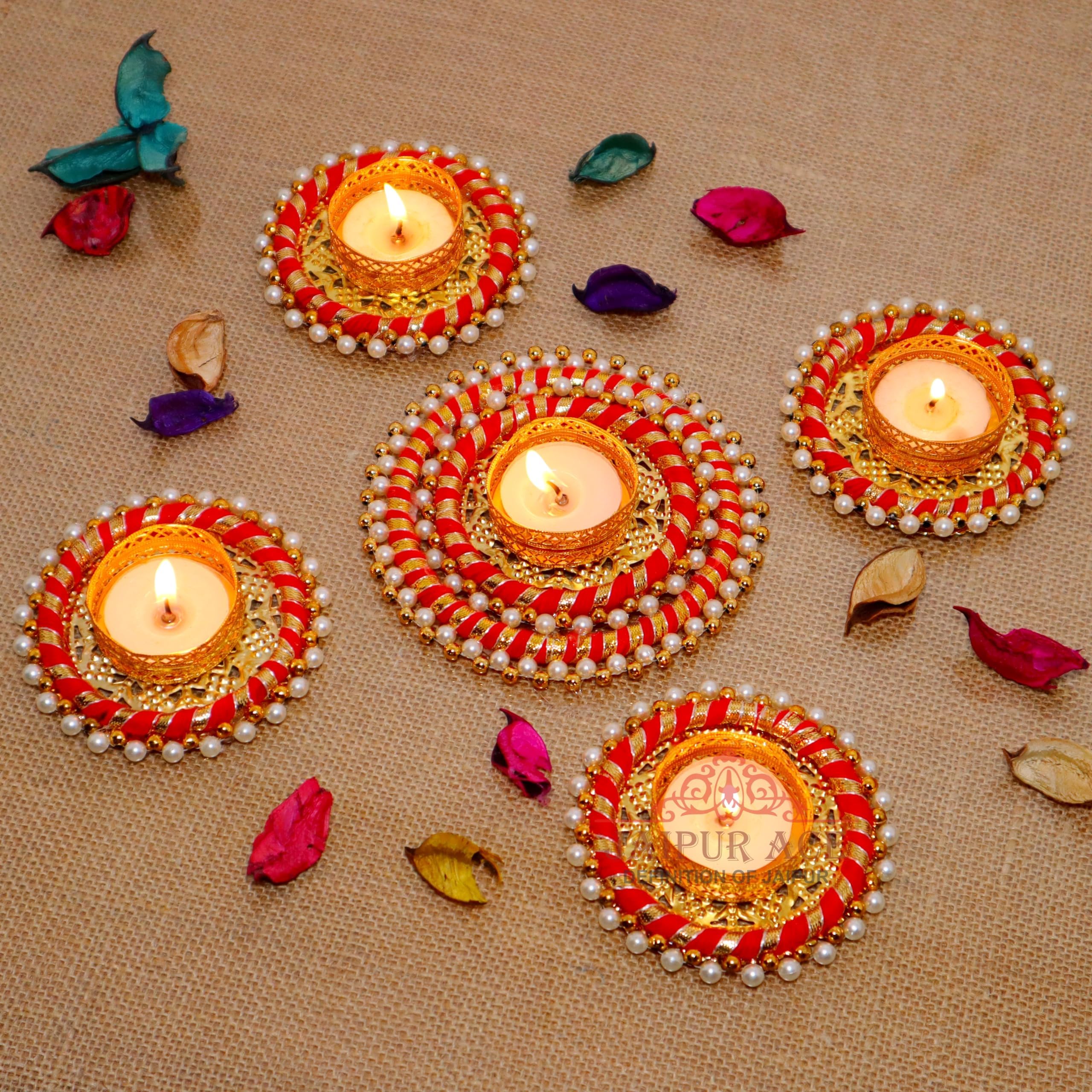 Jaipur Ace Decorative Diwali Tealight/Diya Set for Home Decoration | Traditional Handmade Rangoli Tealight Tealight/Candles Set for Diwali Ganesh Chaturthi Laxmi Pooja (Set of 5)