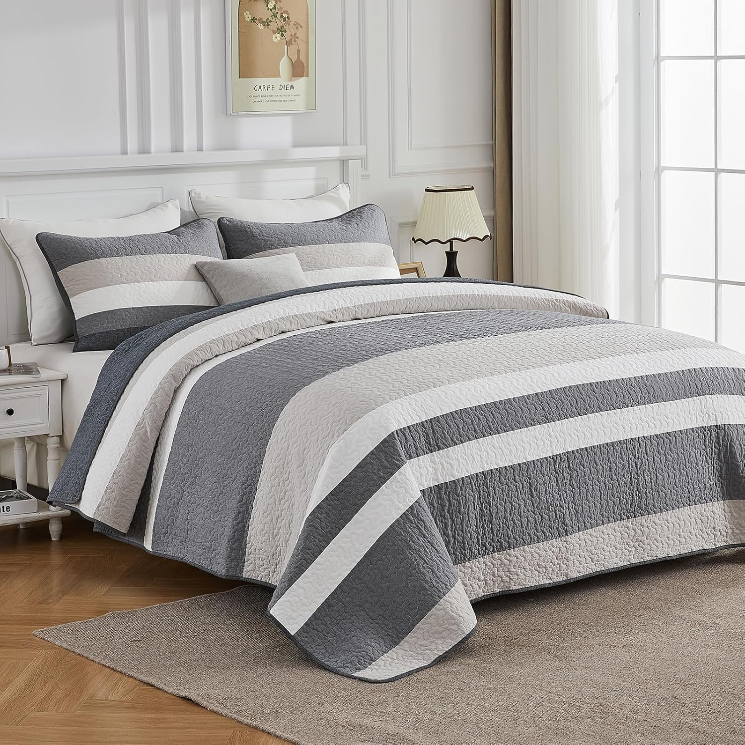 PERHOM 100% Cotton King Quilt, Gray Striped King Size Quilt with 2 Pillow Shams, Lightweight Thin Comforter, Soft Quilted Patchwork Bedspread Bedding Set, 3 Piece