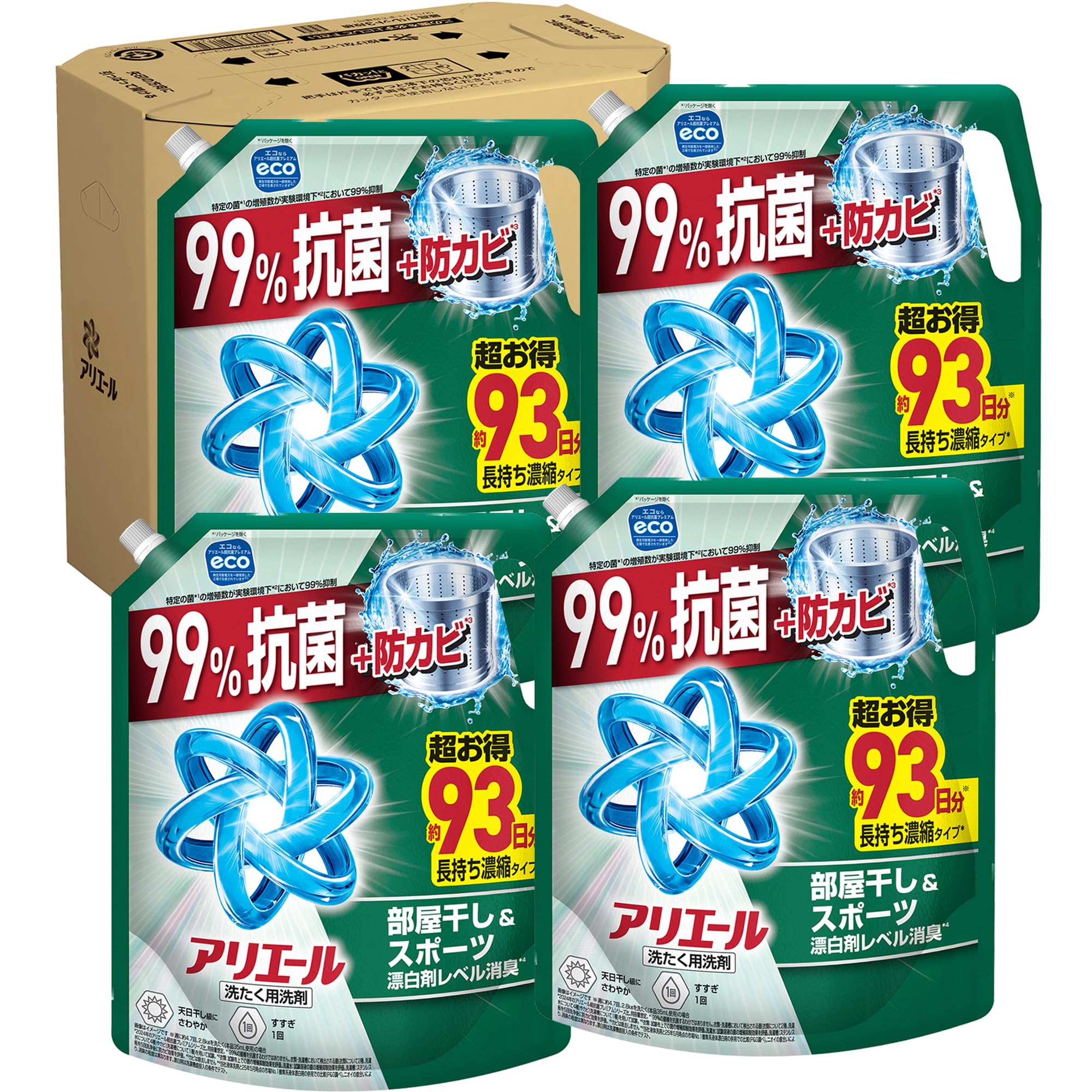 アリエール 液体 【ケース品】 大容量 部屋干し&スポーツ消臭 洗濯洗剤 詰め替え 2210g×4袋商品画像