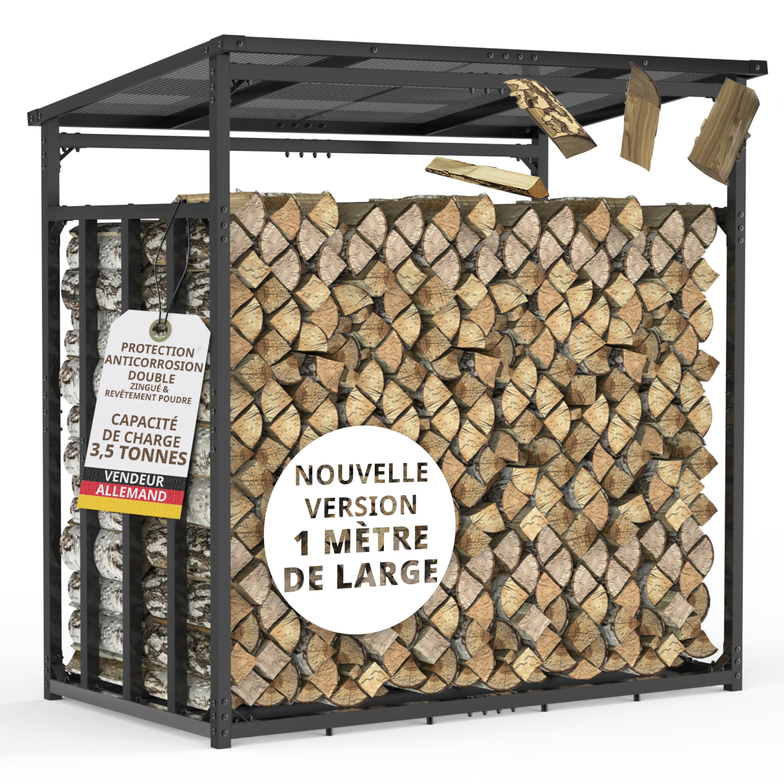 Étagère à bois de cheminée en métal extérieur, Anthracite, 185x105x185cm | galvanisée Anthracite Section 4 x 4 cm Charge maximale 3,5 t Avec toit abri bûche pour bois de chauffage Range buche