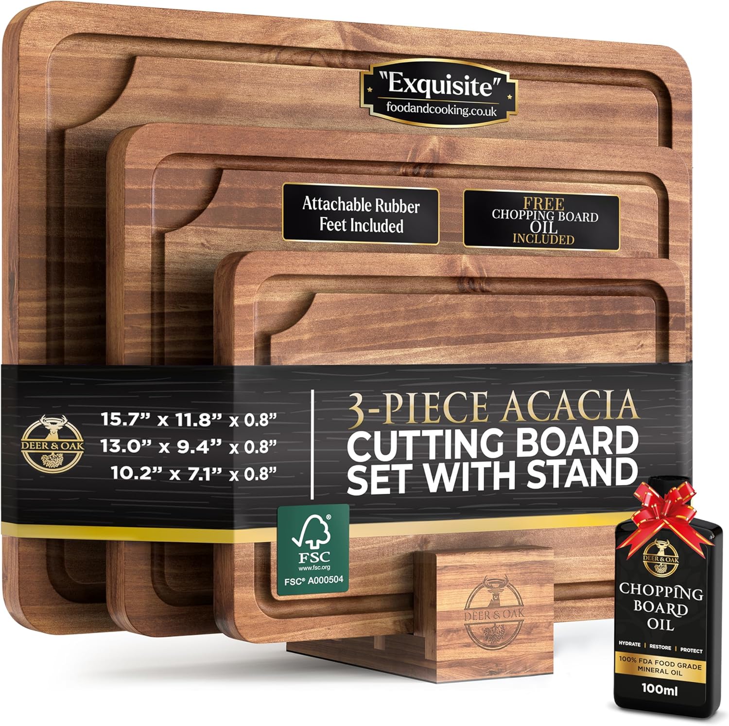 Pre-Oiled, Non Toxic 3-Piece Acacia Cutting Board Set with Stand, FSC Certified Wooden Chopping Boards, Includes 3.4 fl oz Chopping Board Oil, 3 Wood Carving Boards for Home, BBQ Kitchen, Deer & Oak