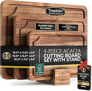 Pre-Oiled, Non Toxic 3-Piece Acacia Cutting Board Set with Stand, FSC Certified Wooden Chopping Boards, Includes 100ml Chopping Board Oil, 3 Size Wood Carving Boards for Home, BBQ Kitchens, Deer & Oak