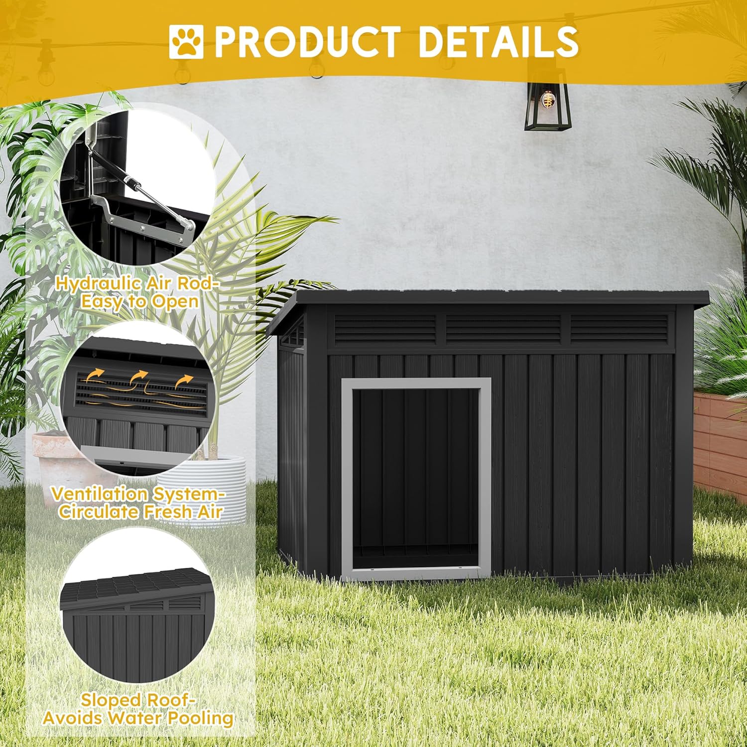 Fancyango Large Weatherproof Dog House with Removable Roof for Indoor & Outdoor Use - Spacious (42.8" L x 33" W x 31.5" H) Classic Black
