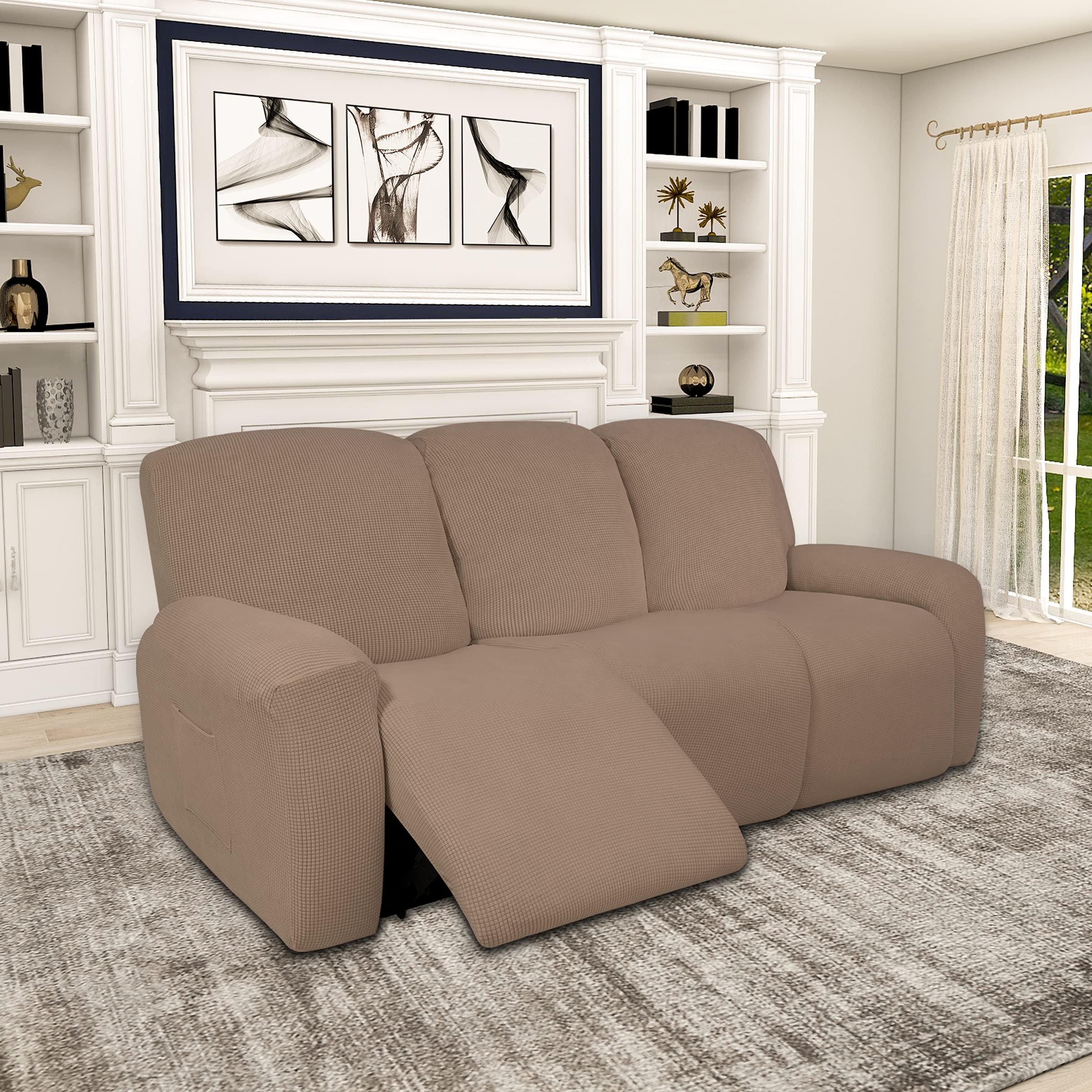 Easy-Going - Copridivano 100% impermeabile, per divano reclinabile a 3 posti, 8 pezzi, elasticizzato, con tasca, in tessuto jacquard, a prova di perdite, lavabile (per divano, color caramello)