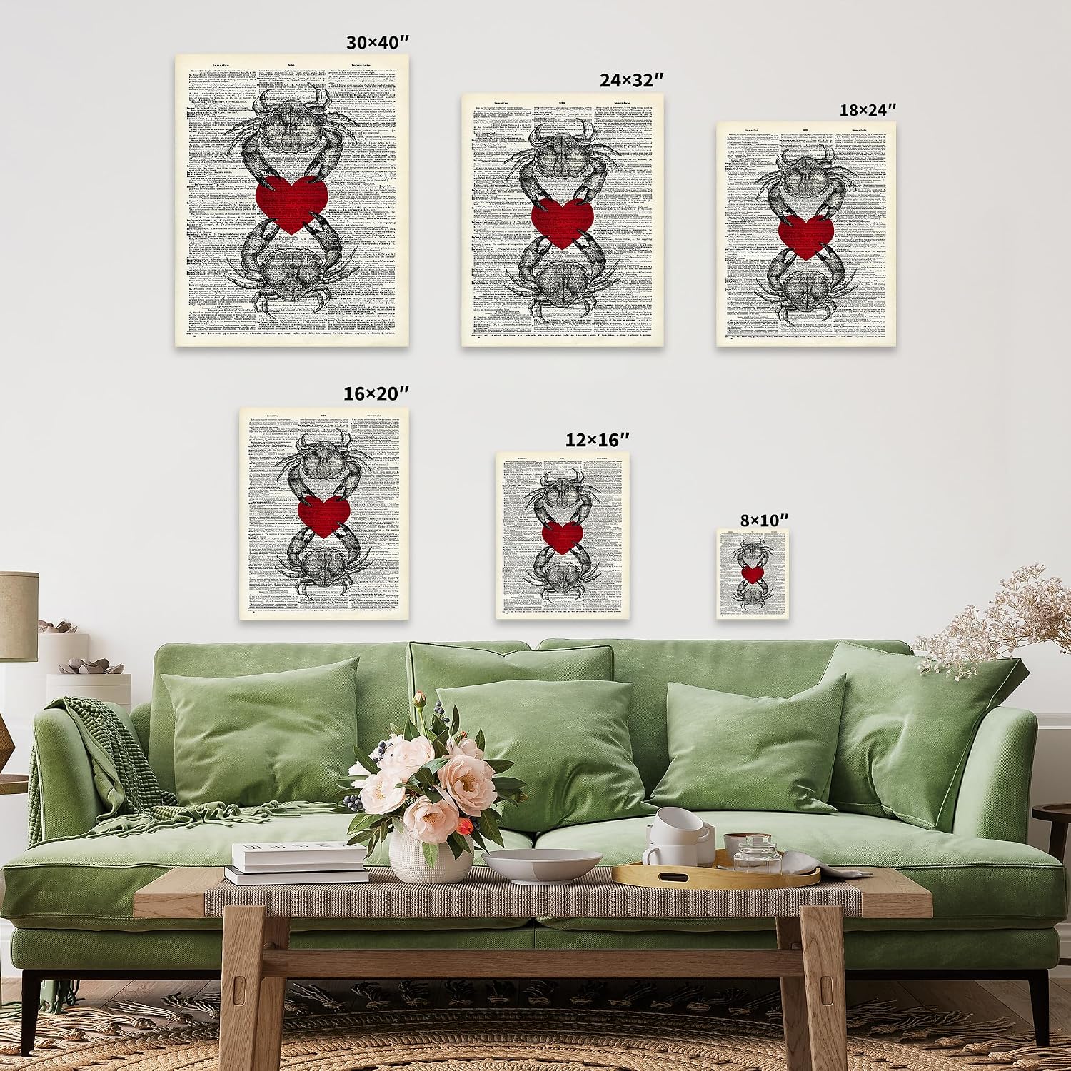 Poster Master Red Heart Canvas - Crab Couple Print - Aquatic & Dictionary Art - Romantic Gift for Lovers - Nautical Wall Decor for Bathroom, Ocean or Beach House - 8x10 STRETCHED Canvas
