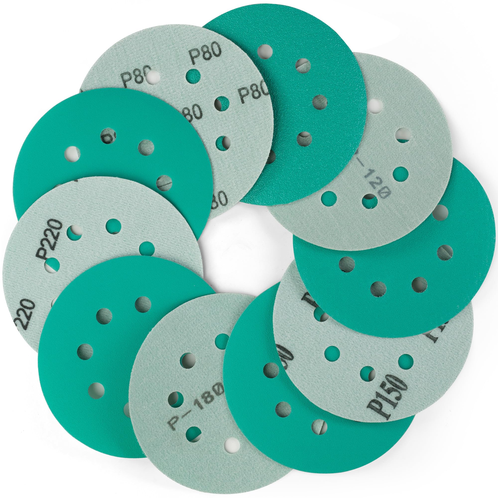 S SATC 5-Inch 8-Holes Sanding Discs Assortment 80, 120, 150, 180, 220 Grit (10 of Each) 50 Pack Orbital Sandpaper Hook and Loop Film Discs Sand Paper for Random Orbital Sanders
