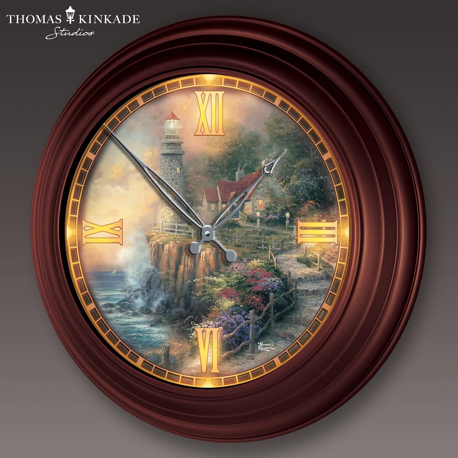 The Bradford Exchange Light of Peace Round 14-Inch Diameter Illuminated Outdoor Copper-Toned Metal Atomic Wall Clock Adorned with Lighthouse Art by Artist Thomas Kinkade