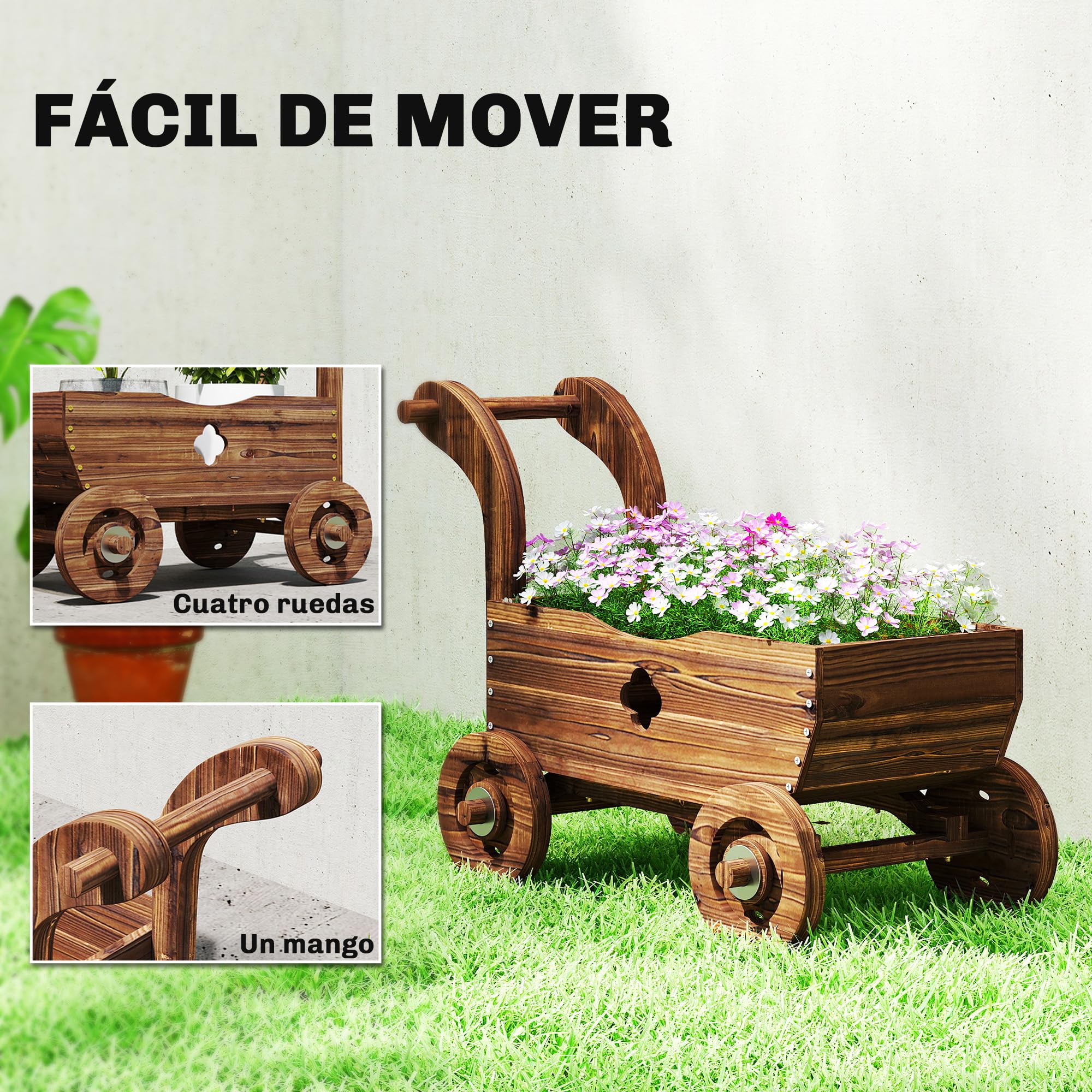 Outsunny Carretilla de Madera Decorativa, Jardinera Elevada con 4 Ruedas, Asa, Orificios de Drenaje, Macetero Exterior para Cultivos de Plantas, Flores en Terraza, Jardín, 68x38x52 cm, Carbonizado