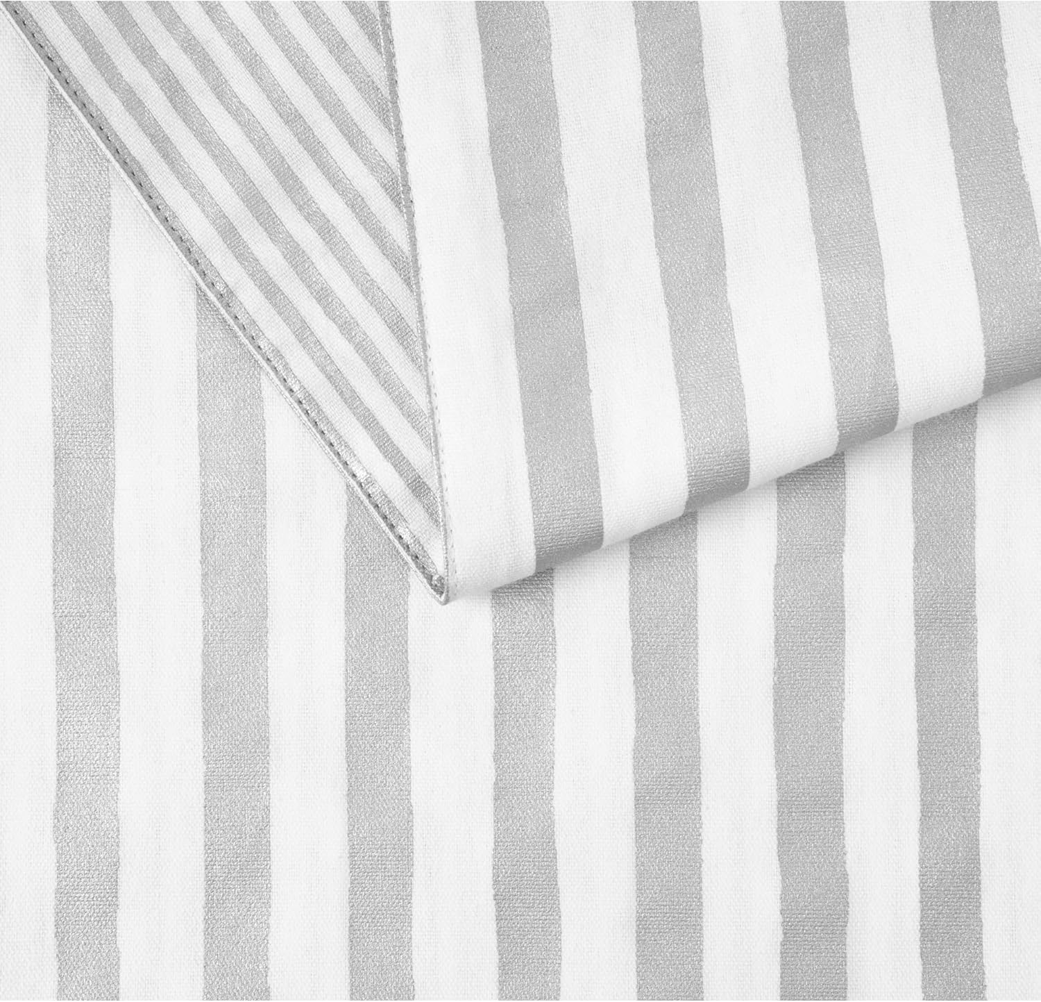kate spade new york Hand Painted Shirting Stripe Reversible Table Runner, 100% Cotton with Metallic Print, Silver/White, 15"x72"