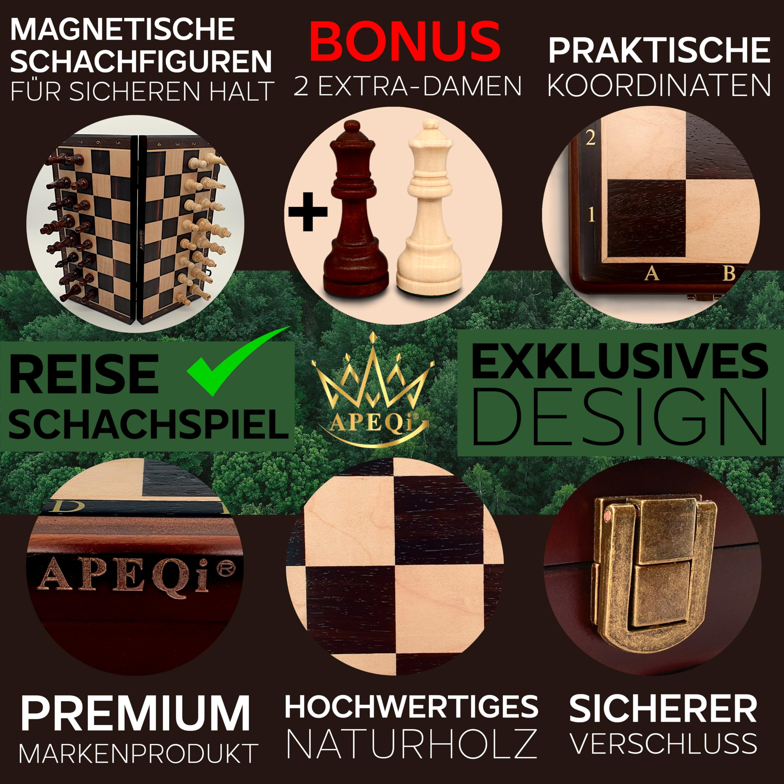 APEQi® Premium Schach MAGNETISCH - Schachspiel Holz HOCHWERTIG - [38x38cm], Massivholz, 2 EXTRA-Damen, Geschenkidee - Schachbrett Holz hochwertig - Chess Board 34 Schachfiguren Reiseschach magnetisch