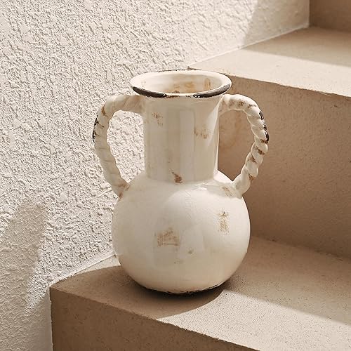 Miniatura 3 de VICTOR & TERESA Jarrones blancos decorativos para decoración del hogar, jarrón rústico de cerámica de 8 pulgadas para flores, jarrones de granja