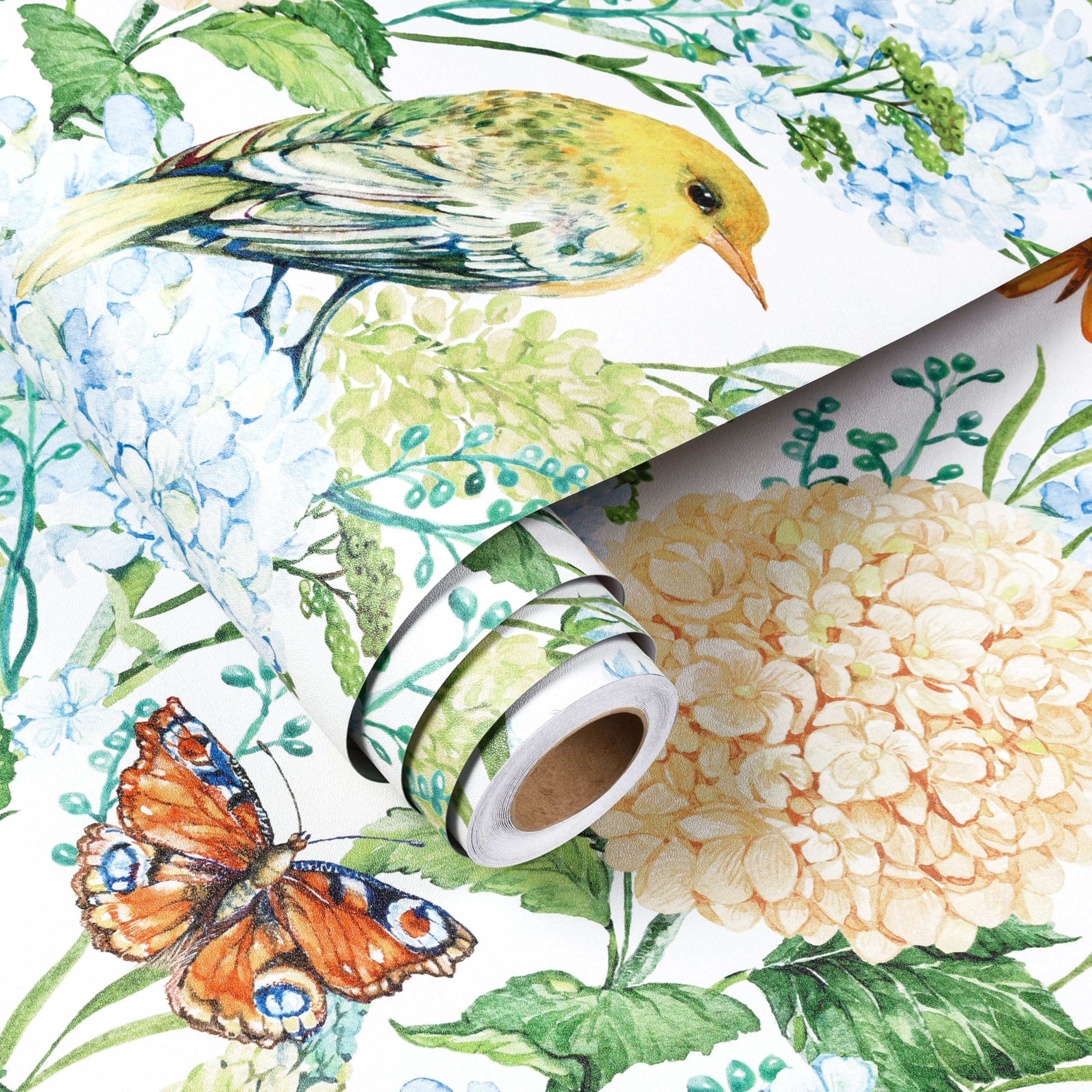 FunStick 44.5CM×9M Carta da Parati Adesiva Muro Floreale Bianca Pellicola Autoadesiva per Muro Bagno Rivestimento Decorativo Carta Adesiva per Mobili Bianca Floreale Uccelli e Libellule Acquerello