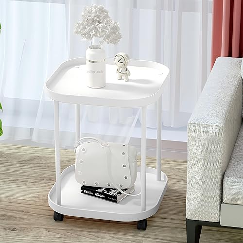 Miniatura 4 de Mesa auxiliar con ruedas, mesa auxiliar para sala de estar, sofá móvil de plástico, mesita de noche pequeña, dormitorio, color blanco (paquete de 2)