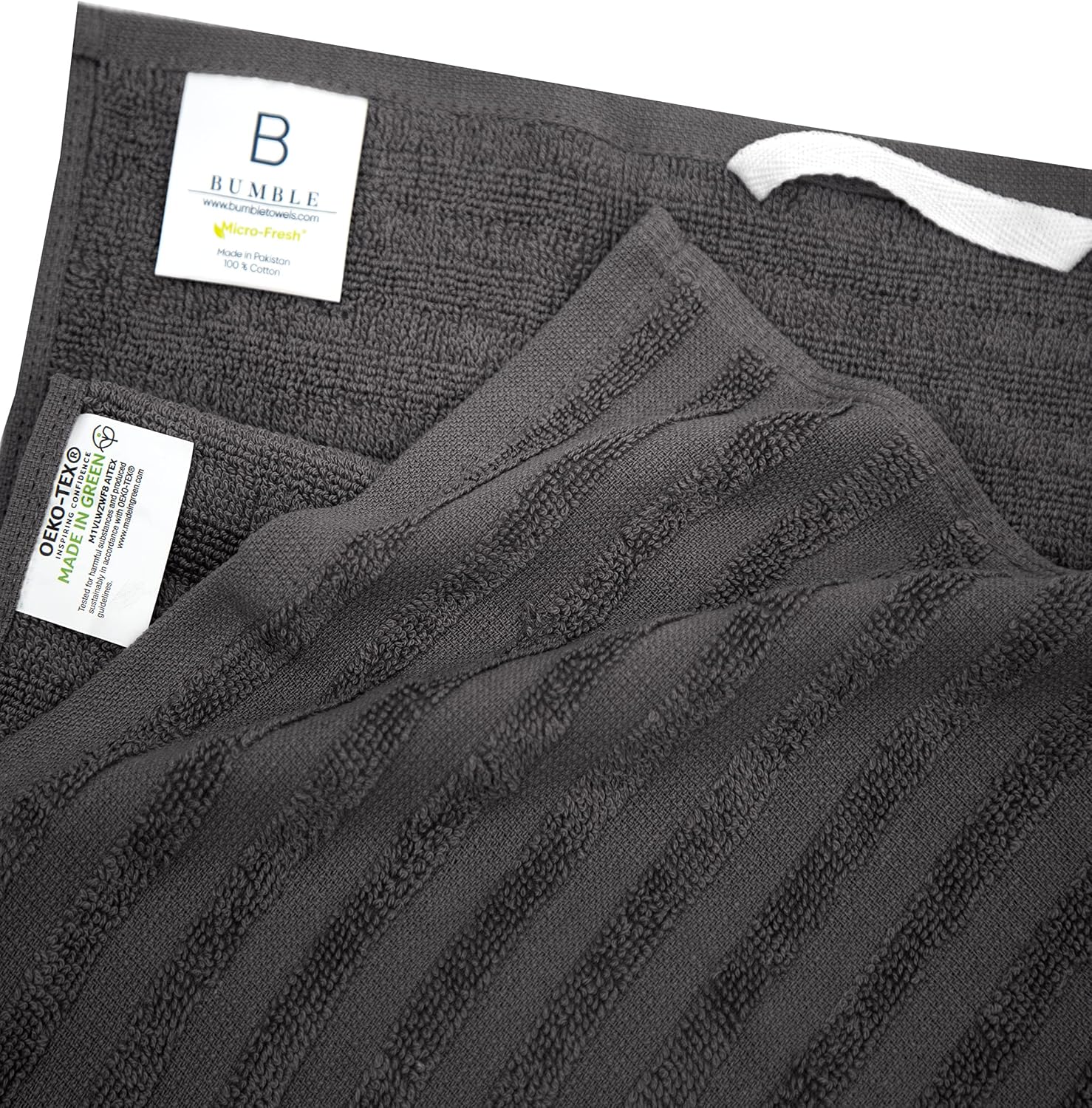 Microfresh Kitchen Towels (16”x 27”, 6 Pack) – Large Cotton Kitchen Hand Towels – Striped Design - 410 GSM Highly Absorbent Tea Towels Set with Hanging Loop (Grey, Striped)
