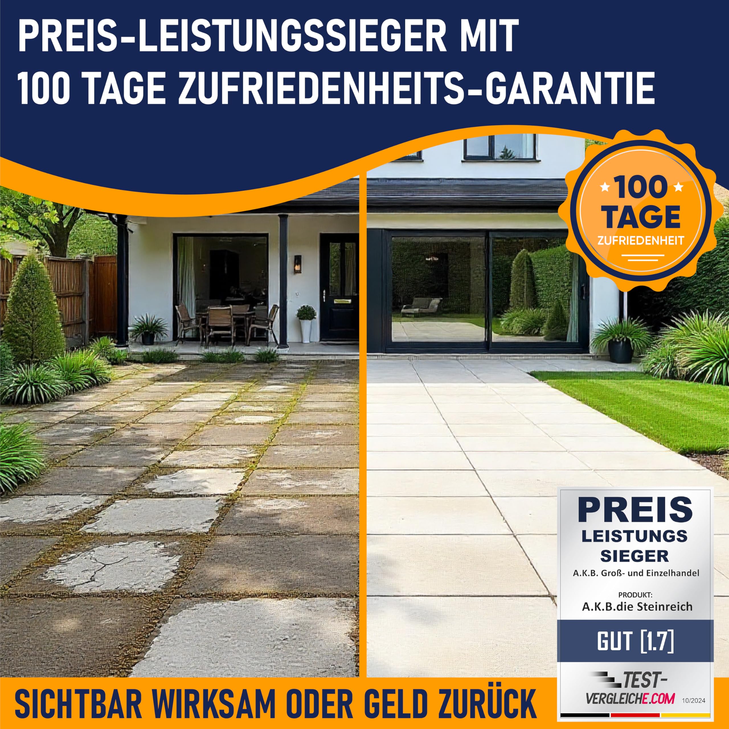 A.K.B. Steinreich Steinreiniger Konzentrat 5 Liter - Grünbelagentferner für saubere Wege, Terrassen & Außenflächen - Steinreiniger Intensiv Aussen