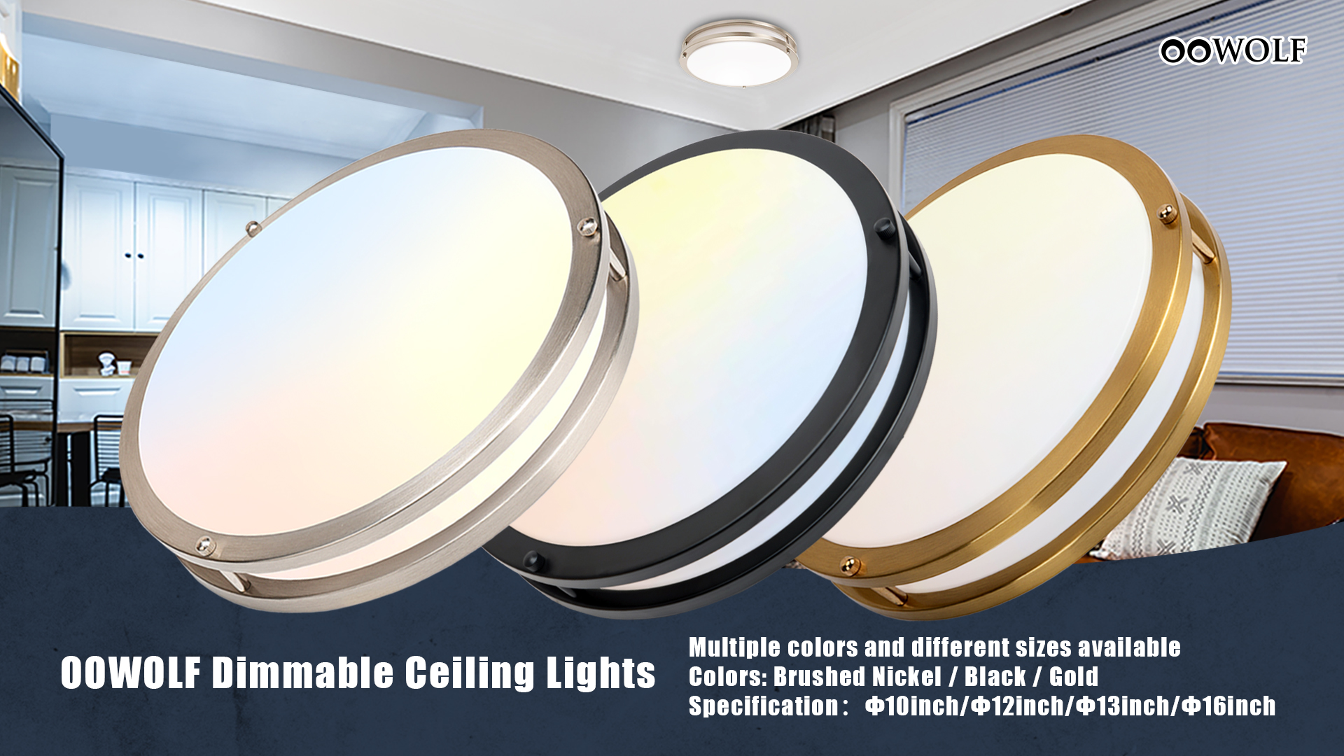 OOWOLF 13inch LED Flush Mount Ceiling Light Fixture Dimmable