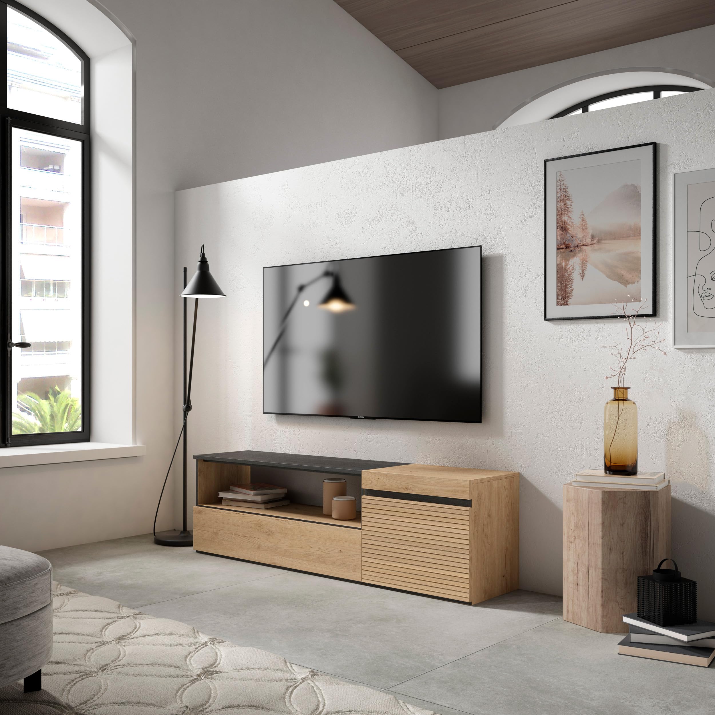 Skraut Home | Mueble TV | Televisión | Muebles de salón, almacenaje | 150x45x35cm | para TV hasta 65" | con Almacenamiento | Estilo Moderno | Roble