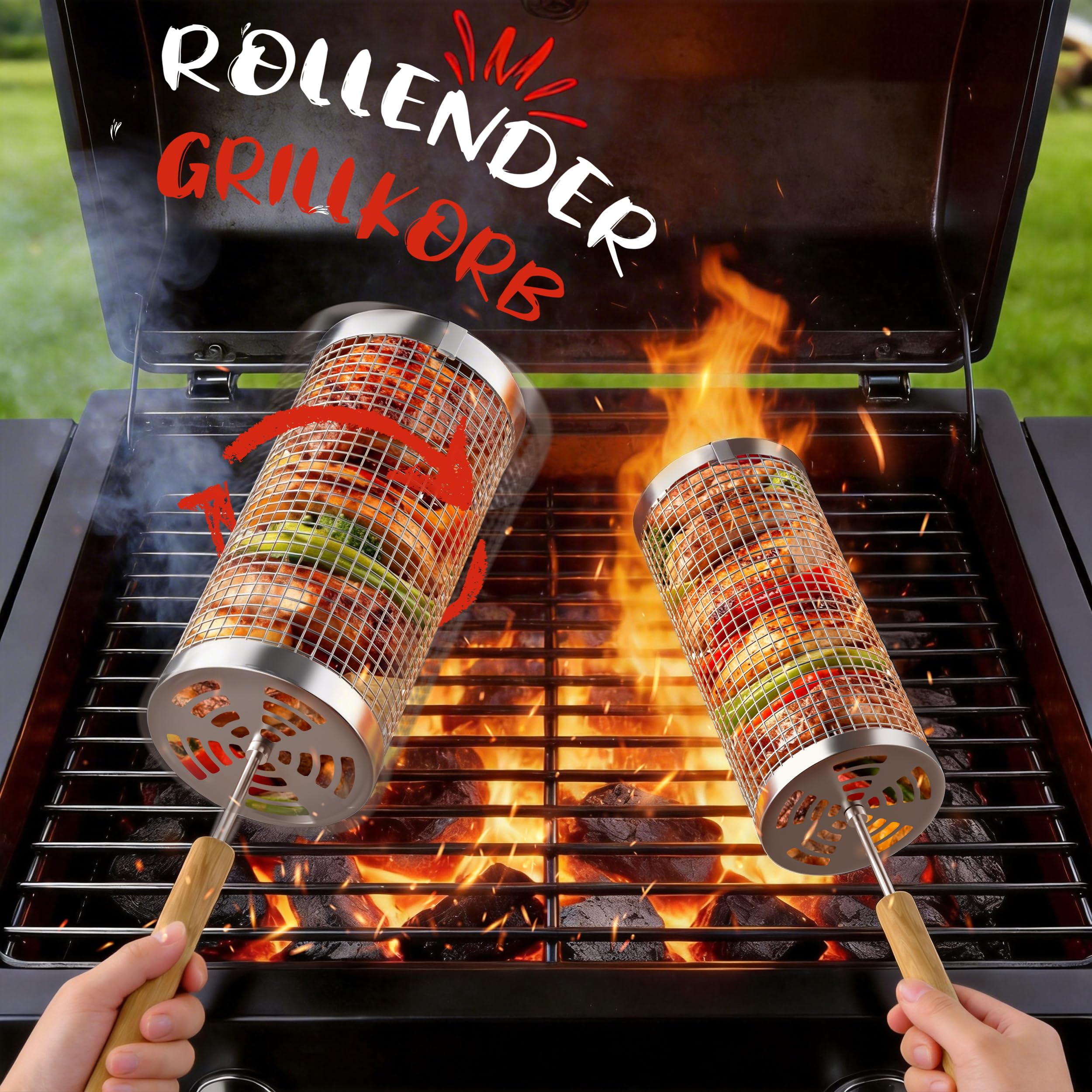 Rollender Grillkorb Edelstahl 304, Abnehmbarer Holzgriff, 2er Set Nestbar, Grill Zubehör für Gemüse und Meeresfrüchte, Gasgrill und Holzkohlegrill, Grill Geschenke für Männer Papa