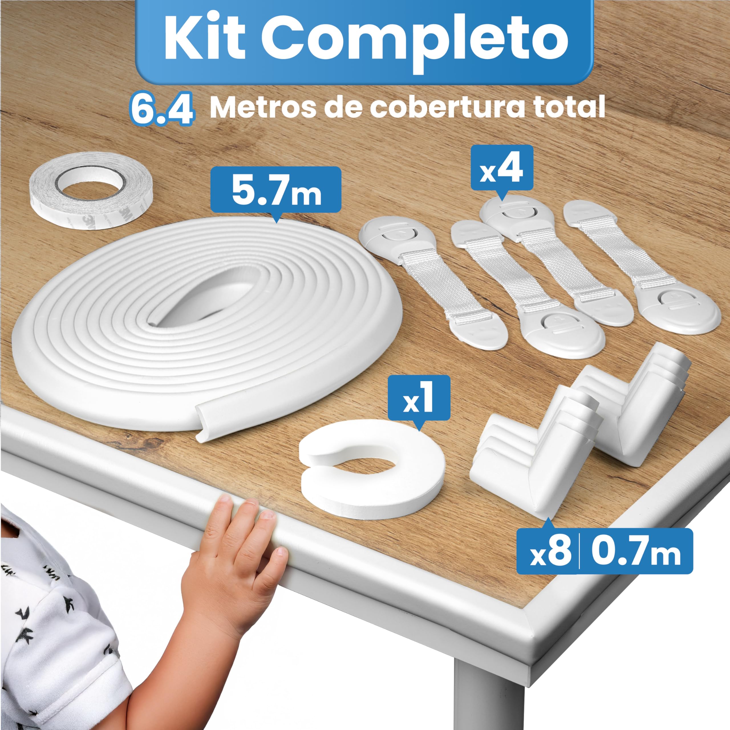 Happy Chlea Protector Esquinas Bebé – Cobertura Total 6,4 m (Rollo Protector de Bordes + 8 Cantoneras) + 4 Cerraduras y 1 Tope Puerta, Kit Seguridad Infantil para Mesa y Muebles