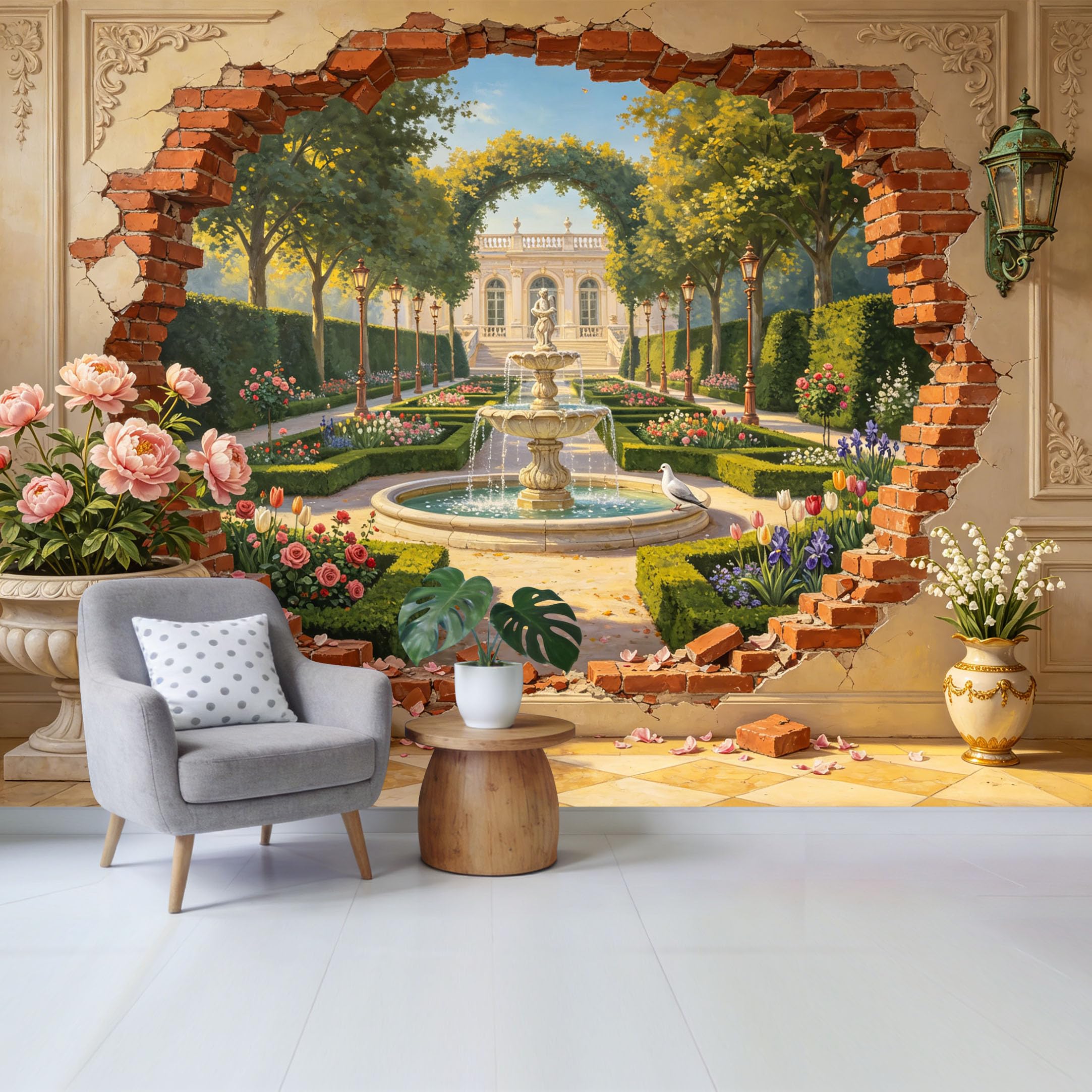 Custom Size Wall Mural European Garden Fountain Scenic Landscape 3D Trompe l’oeil Removable Self Adhesive Fabric Home Wall Decor for Living Room Bedroom Bathroom