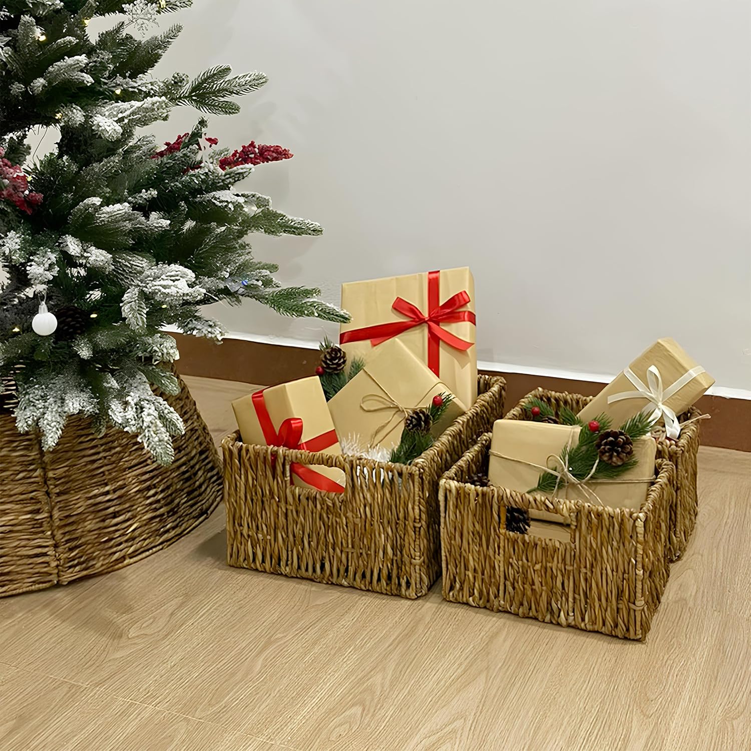 Wicker Basket Set – Stackable Storage Bins for Organizing Pantry & Kitchen – 1 Large Basket + 2 Small Baskets with Handle – Wicker Storage Baskets for Shelves & More