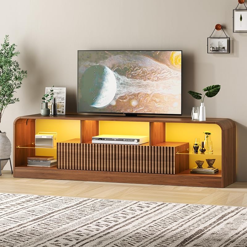 TV Stand for 60/65/70 Inch TVs, Modern Curved TV Console with LED Lights, 2 Drawers & Glass Shelves, Living Room Entertainment Center image 4