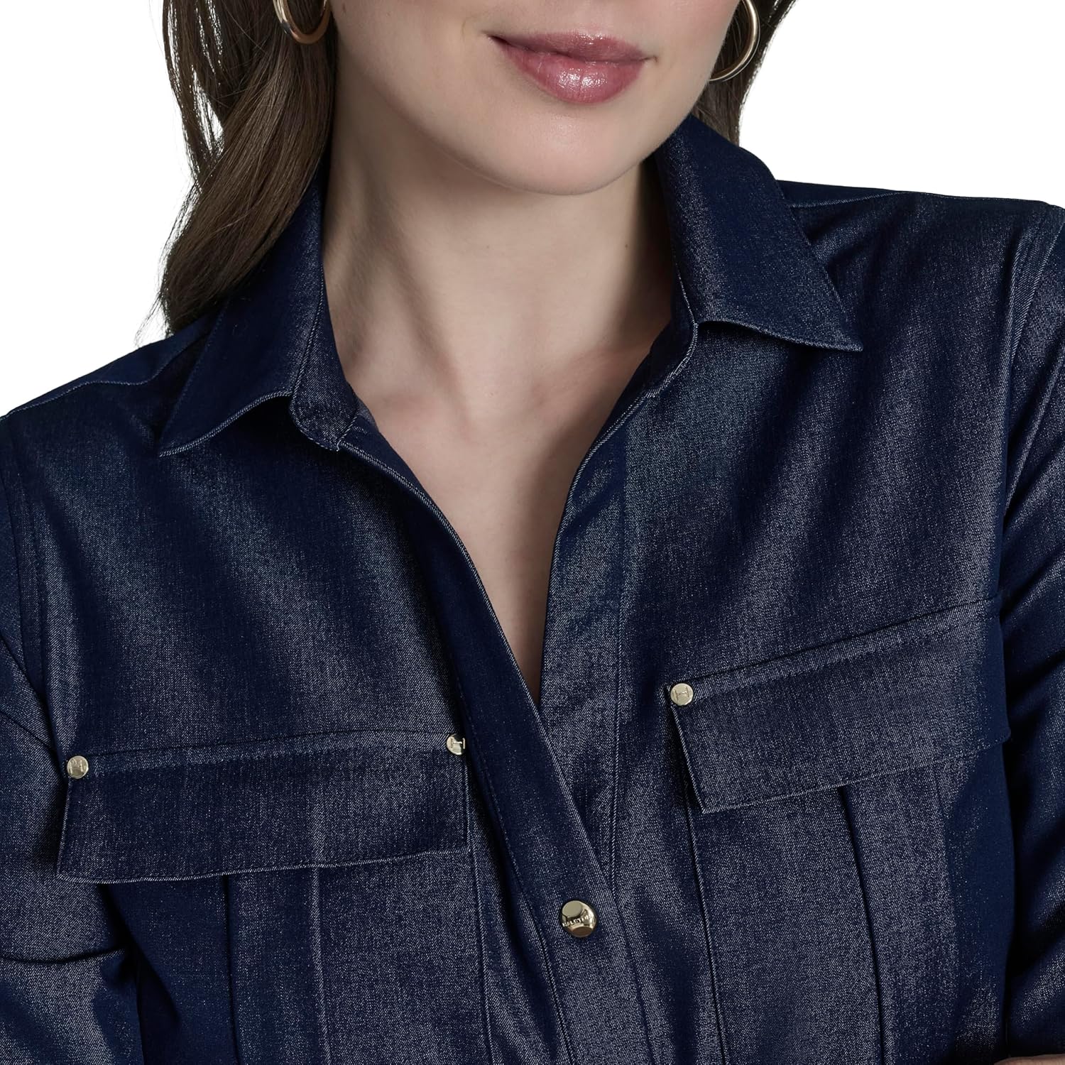 Halston Womens Roll-tab Sleeve Denim-Like Collared Top - Image 5