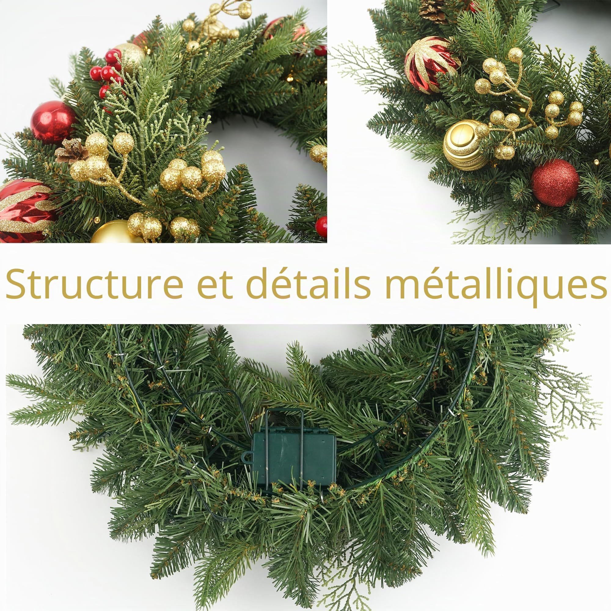 Couronne de Noël pré-éclairée de 61 cm avec 50 Pommes de pin Lumineuses et Boules Rouges dorées, couronnes de Noël artificielles pour Porte d'entrée avec lumières, Couronne pour décoration de Noël,