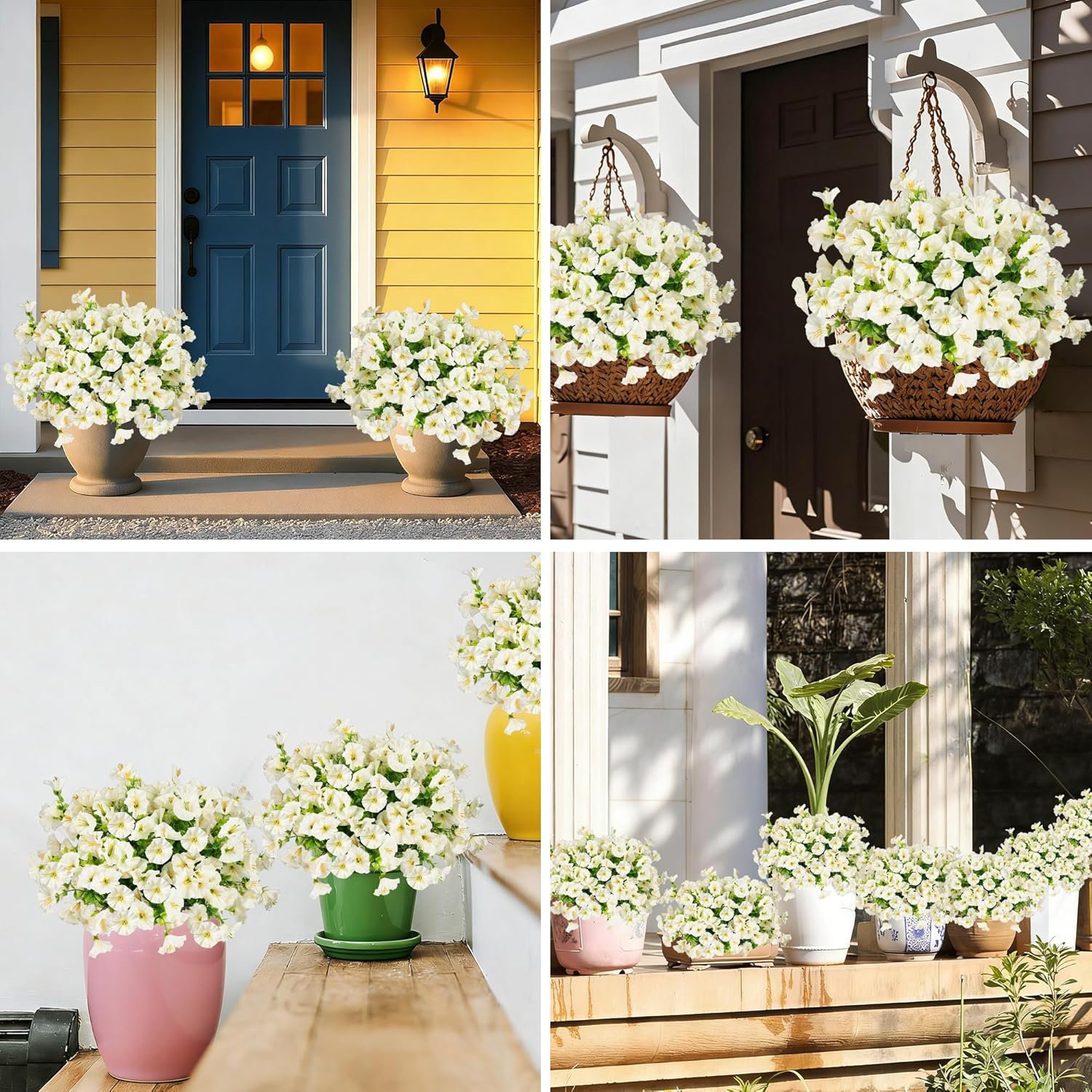 Cekene White Artificial Flowers for Outdoors 16 Bundles Faux Outdoor Flowers UV Resistant Fake Morning Glory Artificial Outdoor Plants for Porch Outside Planter Yard Patio Window Box Garden