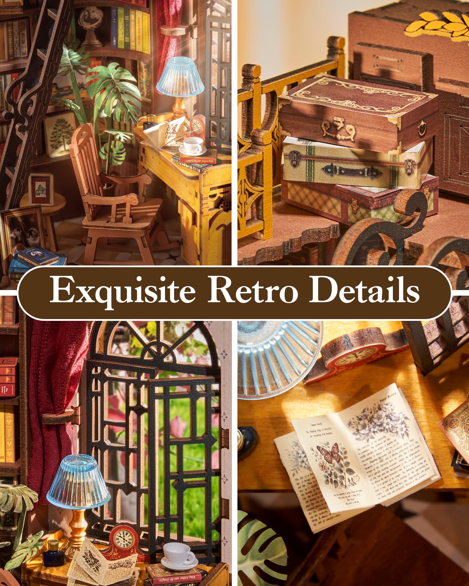 ROBOTIME Book Nook in Legno – Booknook Casa in Miniatura da Costruire con Luci, Puzzle 3D Creativo per Adulti e Ragazzi, Decorazione da Libreria (Silent Corner Study)