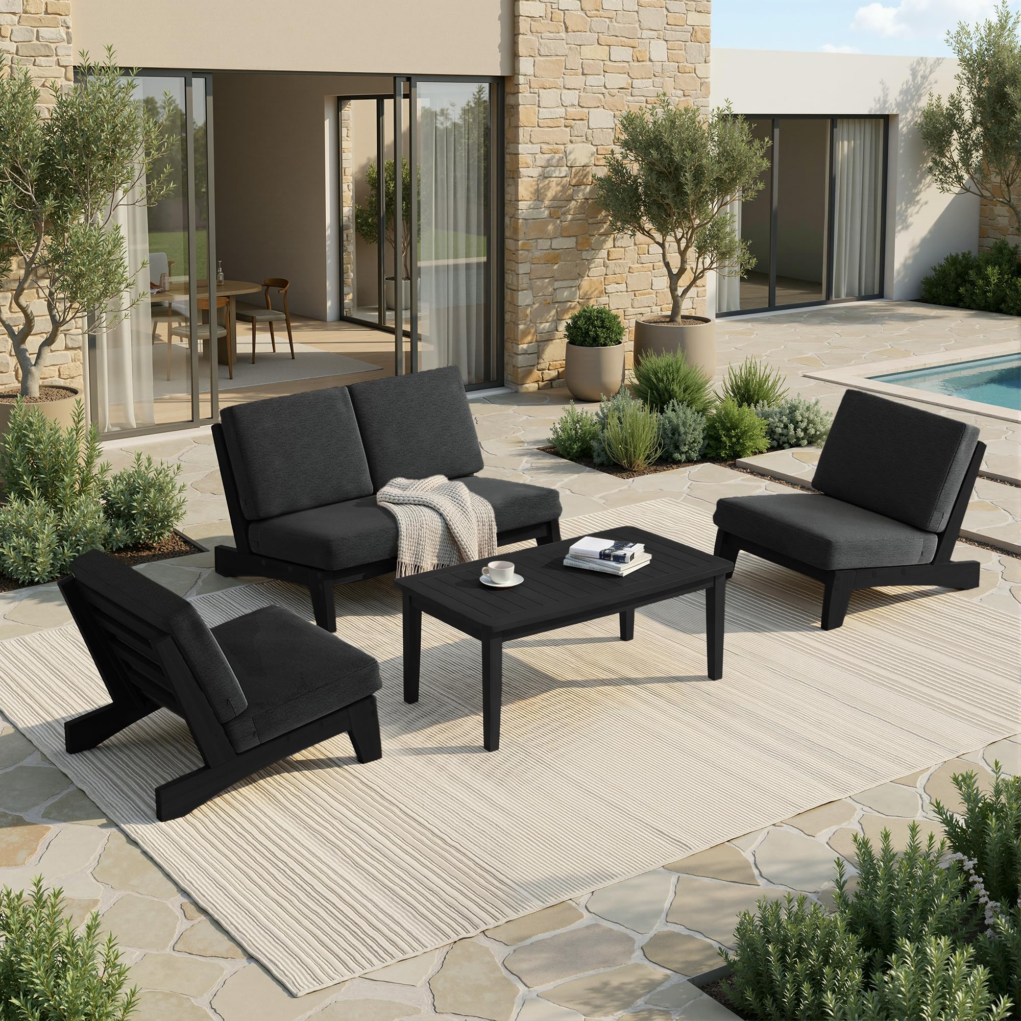 Pia Ricoo 4 Piece Patio Furniture Sets, Outdoor Loveseat Sofa Set with 2 Chairs &amp; Coffee Table, Patio Conversation Set for Backyard, Deck, Lawn, Drak, Dark Wood