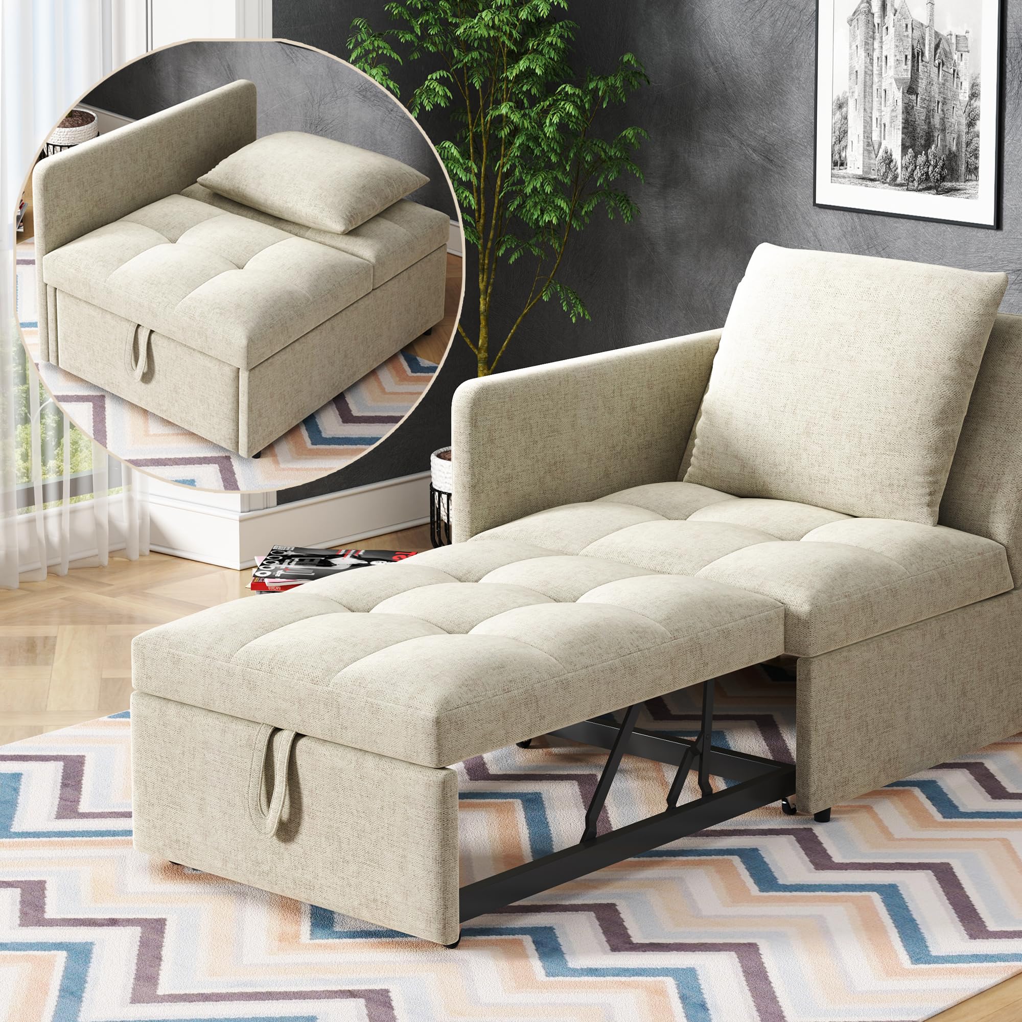 Schlafsofa Klein, Einzel-Sofa, Bett, Stuhl, 3-in-1-Sessel, Klappsofa & Schlafhocker mit Bettfunktion, wandelbar Schlafsessel bis 200 kg, Sofabed mit Bezug in Leinenoptik für kleine Räume (Beige)