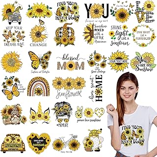 30 Pcs Sunflower Iron on Transfers Cute Patches Flower Appliques for T Shirts Spring Iron on Decals Heat Transfer Sticker for Clothes Bag Pillow Covers DIY Decorations