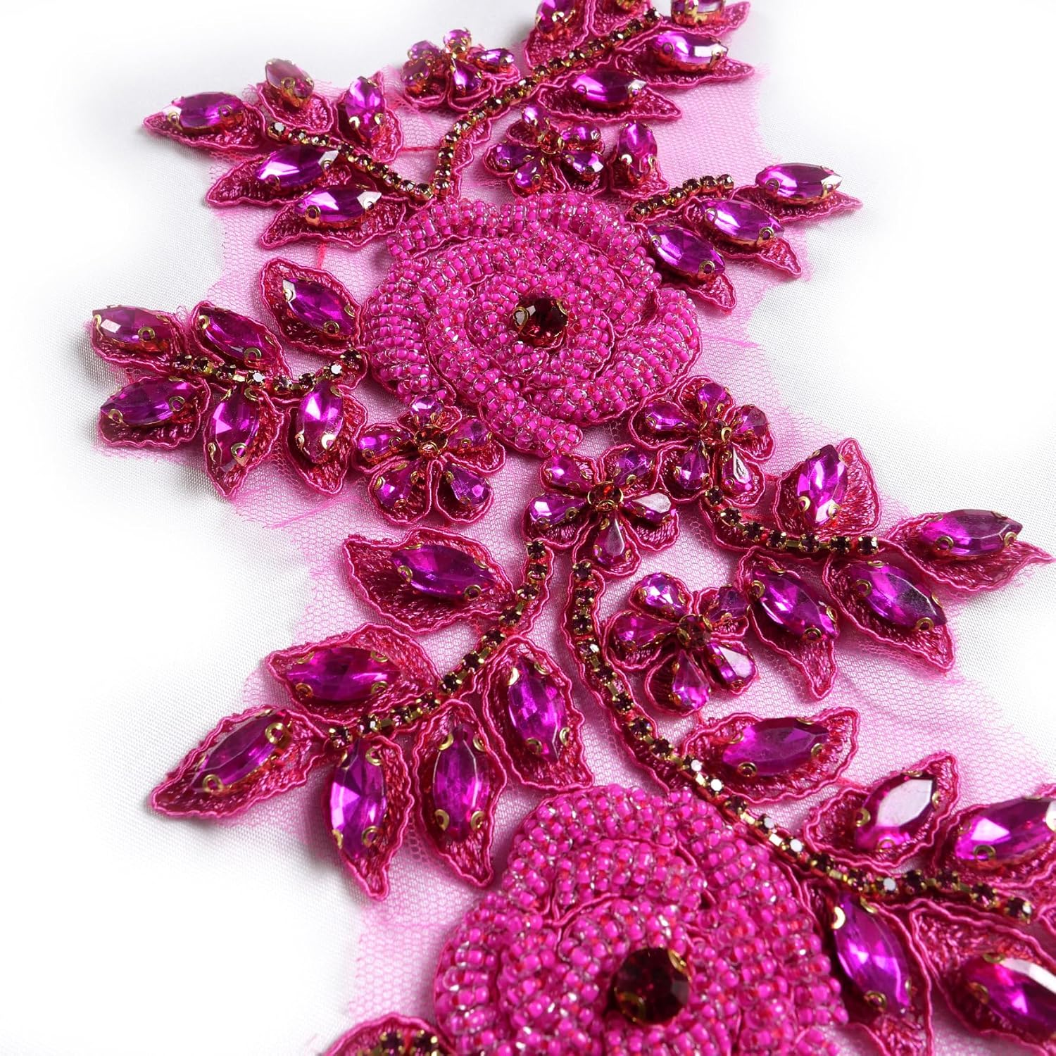 Beaded Rose Flowers &Leaves Rhinestone Pair Applique White&Clear for Prom Dress Belt Arts Crafts Sewing decorat Hot Rose Pink Hand-Made Beading Pair Applique