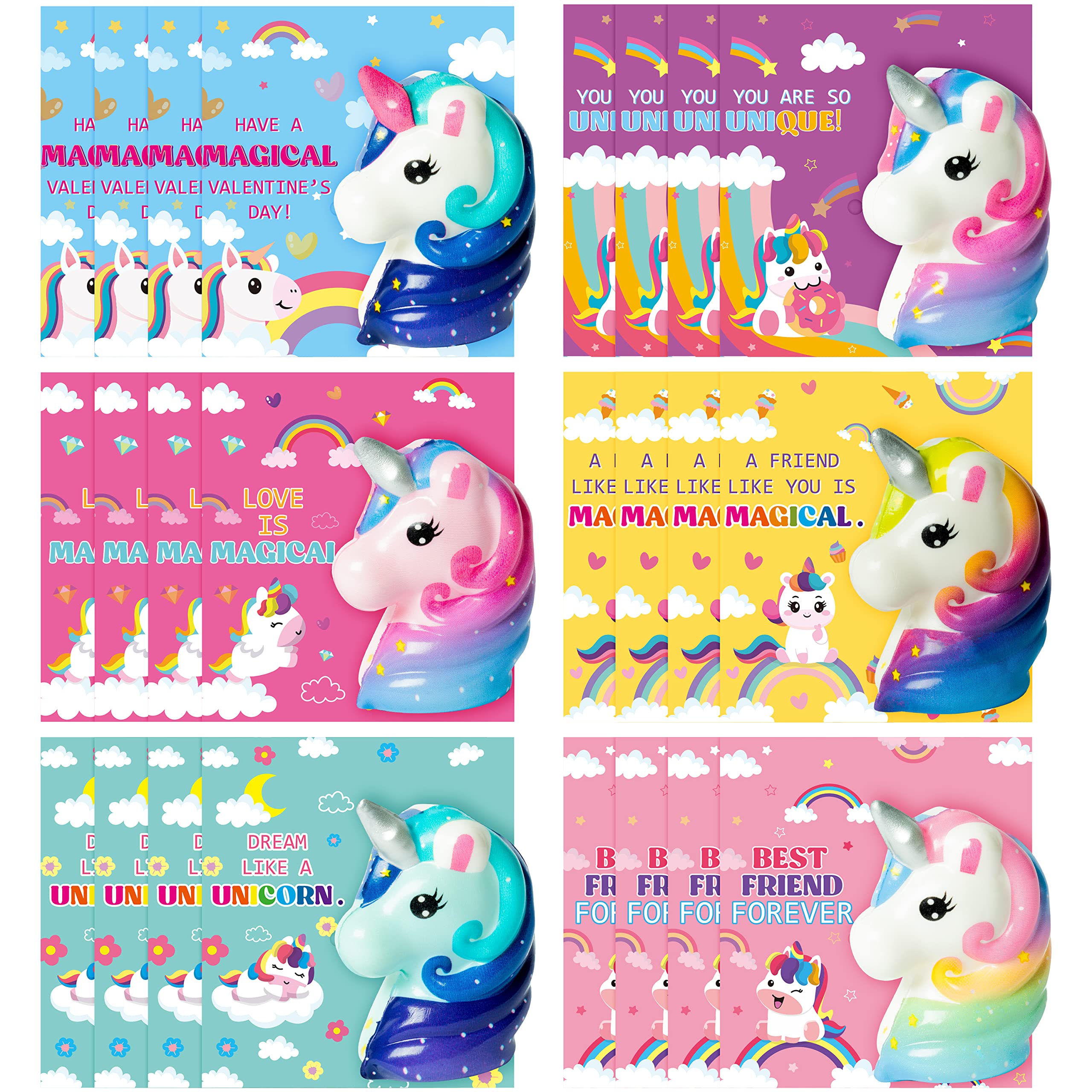 Photo 1 of 48Pcs Valentines Day Greeting Cards with Squeeze Toys, Unicorn Rainbow Slow Rising Stress Anxiety Relief Toys for Kids Treasure Box Exchange Gifts Classroom School Prizes Party Favors