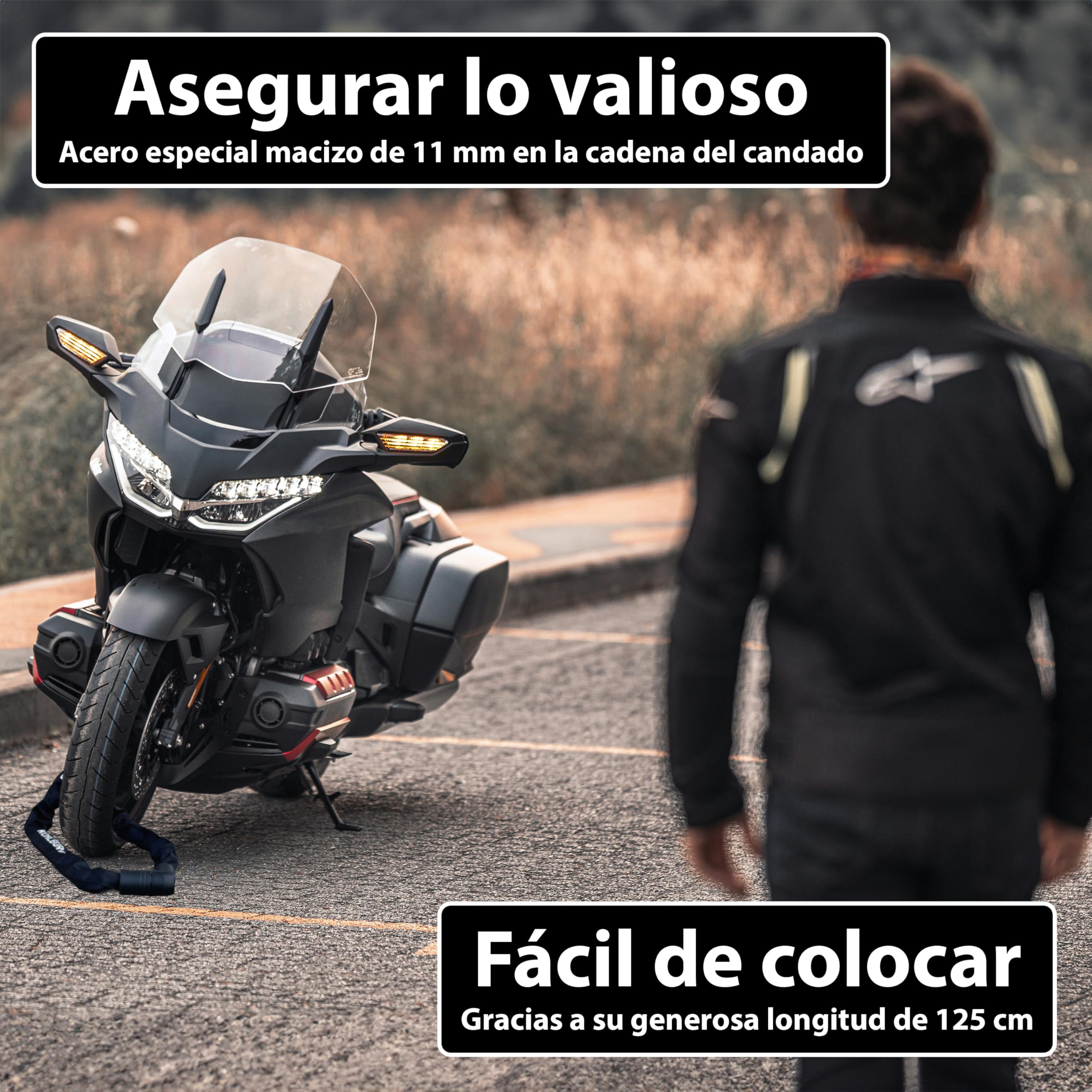 KOHLBURG Antirrobo de cadena maciza 125 cm [Resistente a cortapernos] Nivel de seguridad máximo 15 – Para moto scooter bicicleta eléctrica patinete eléctrico y bicicleta – Alta seguridad para 2 ruedas