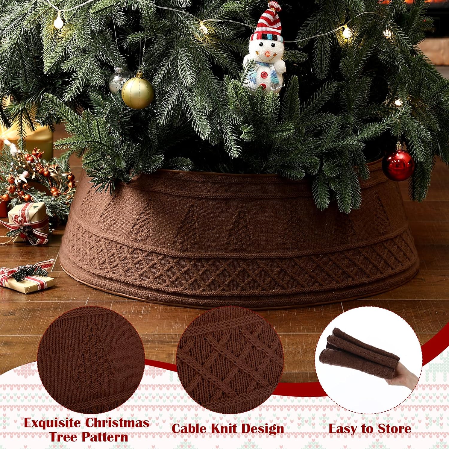 28 Inch Christmas Tree Collar, Neutral Chunky Cable Knit Tree Base Cover Ring Skirt, Rustic Farmhouse Basket Collar for Xmas Home Office Holiday Decor, Fits 4-6 ft Trees(Dark Khaki)