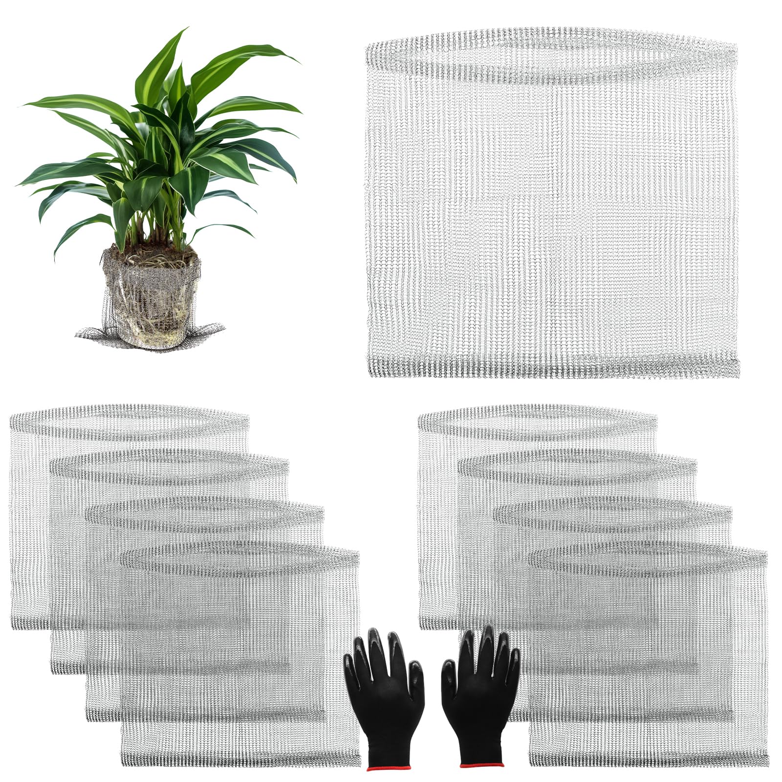 8 Packs 5 Gallon Root Stainless Steel Guard Baskets with Gloves for Protects Plant Roots from Gophers Moles Voles Damage Roots, Reusable 304 Wire Mesh Basket Protect Roots Tubers Trees Flowers Crops