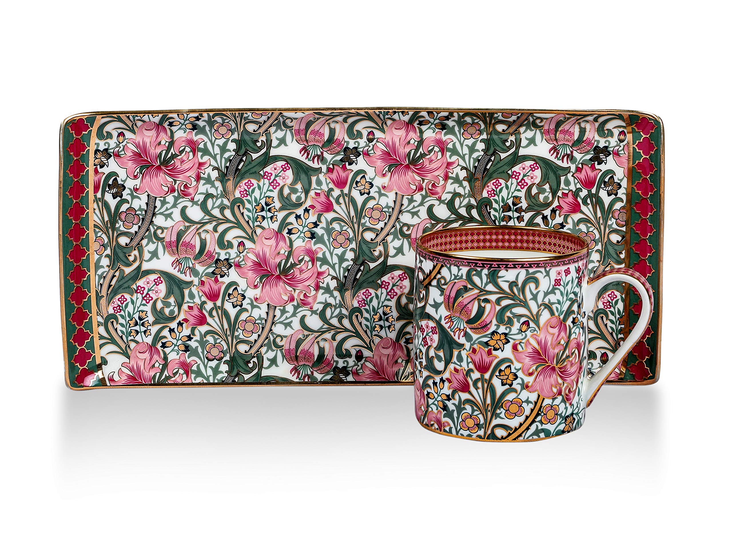 VIKAS KHANNA by Celeste Moksha Craft 24K Gold Plated Ceramic Rectangular Tray with 1 Mug Color- White