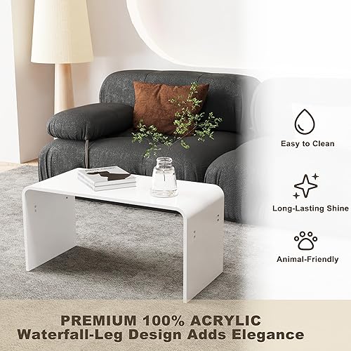 Miniatura 4 de Mesa de centro rectangular de 32 pulgadas, color blanco brillante, cascada Morden, resistente a las manchas difíciles, fácil de limpiar, mesa de