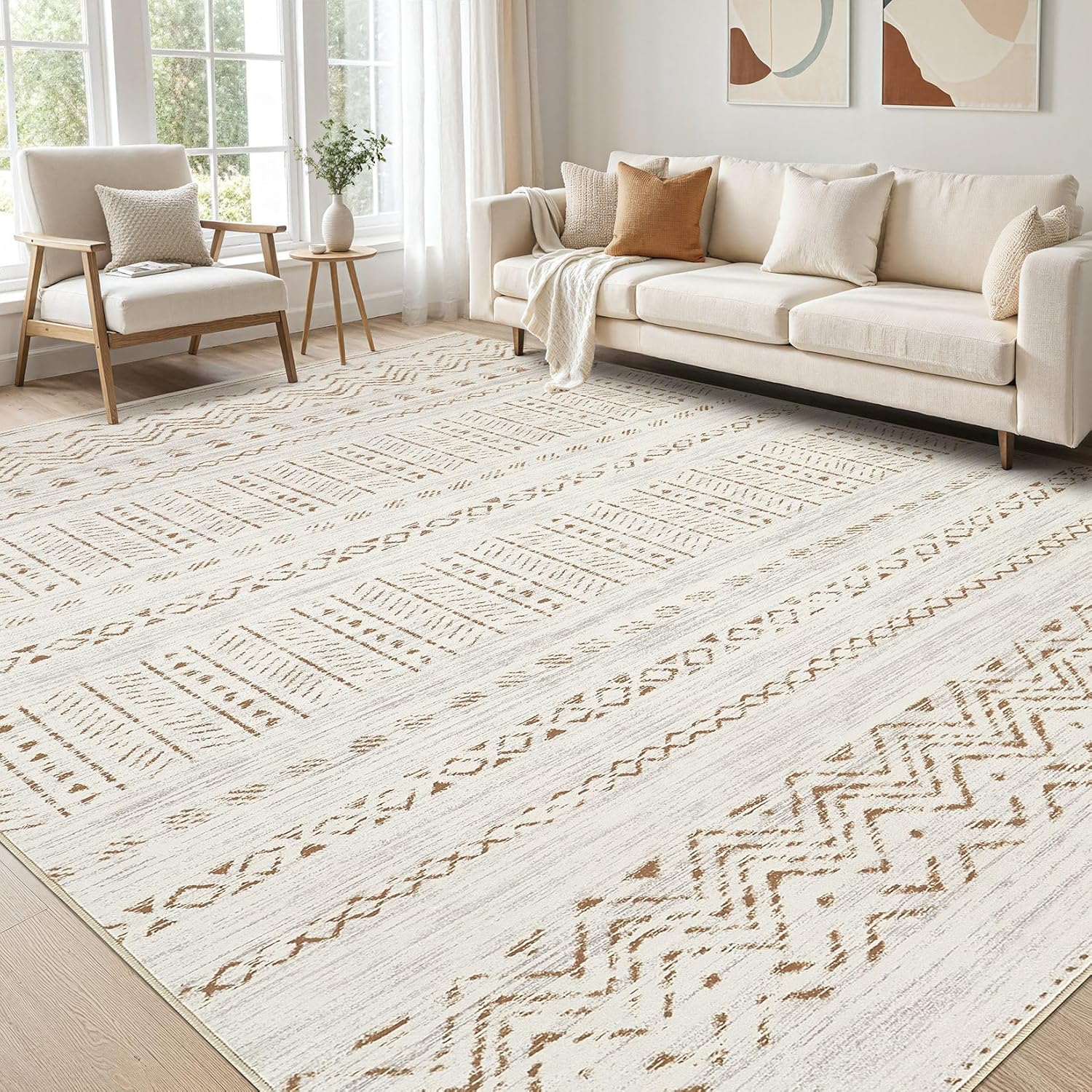 Large Living Room Area Rug 10x14: Soft Machine Washable Boho Moroccan Farmhouse Rugs for Bedroom Under Dining Table - Non-Slip Morden Indoor Floor Rug Carpet for Home Office Decor - Brown/Cream Brown/Cream 10' x 14'