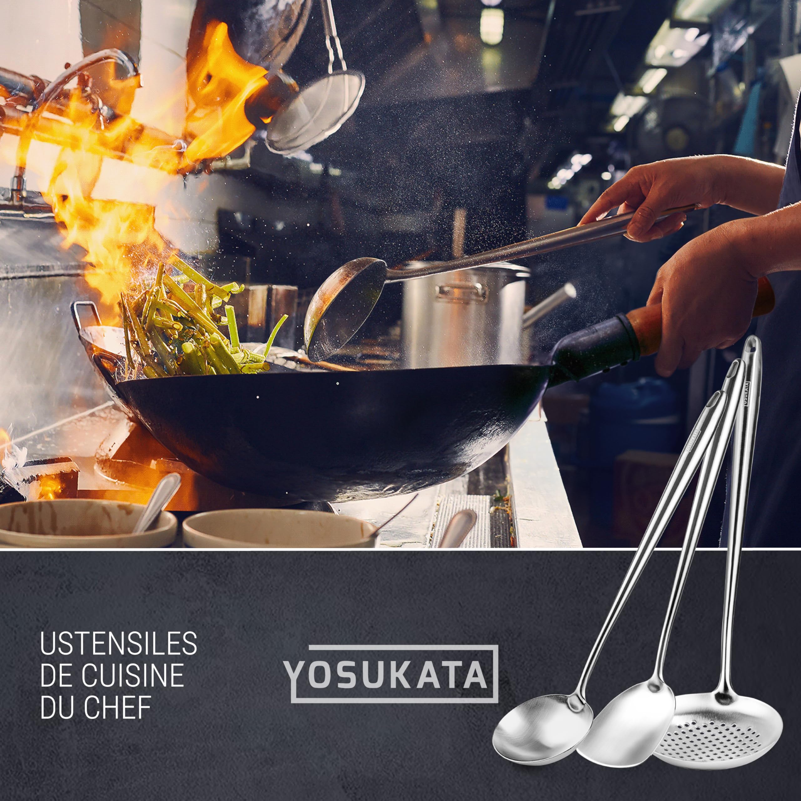 YOSUKATA Spatule, Louche Et Écumoire De Cuisine En Inox Pour Wok 43 cm | Spatule Plancha - Louche Professionnel - Écumoire Ustensiles de Cuisine Inox - Spatule Wok en acier inoxydable 304 -