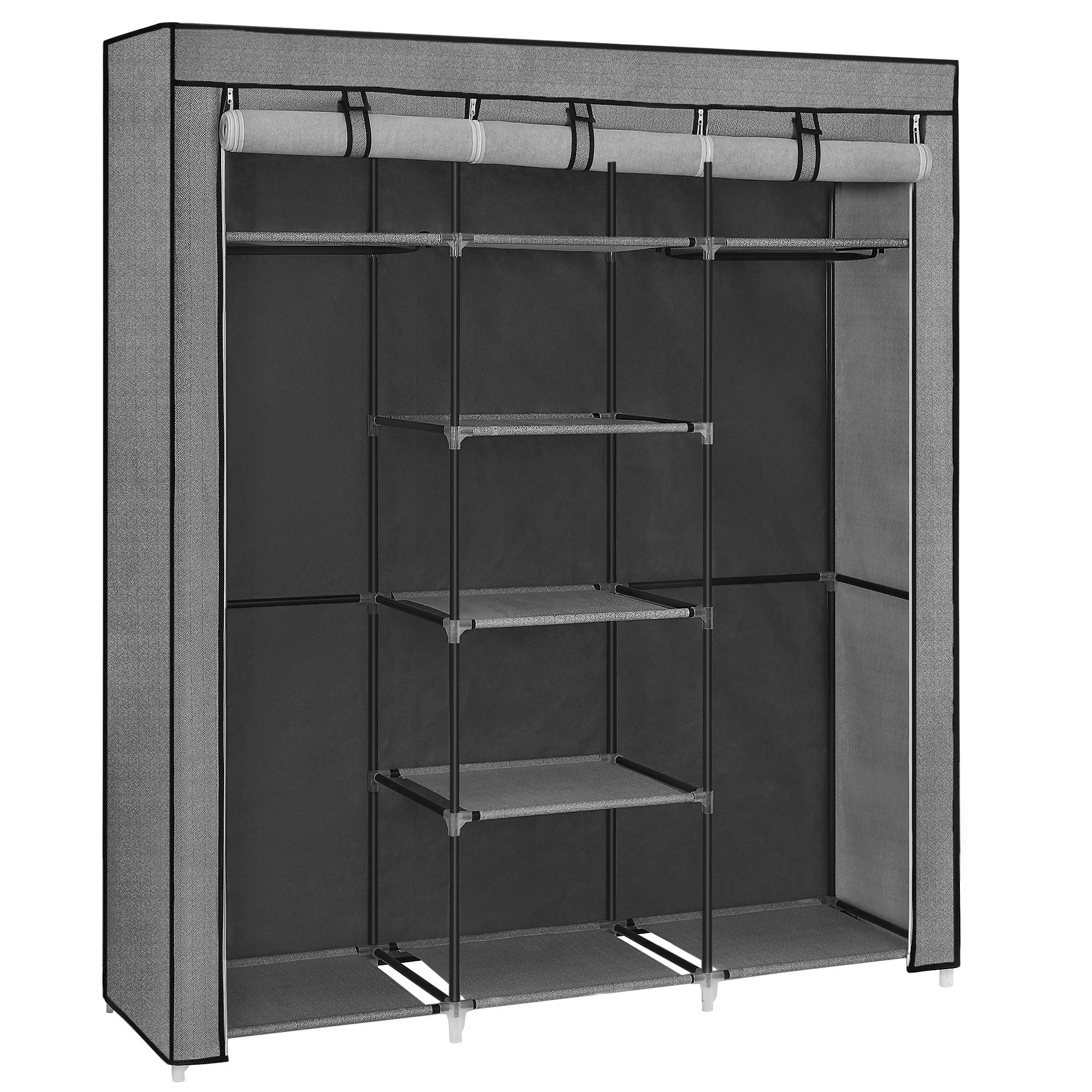 SONGMICS Fabric Wardrobe, Clothes Storage Organiser with 2 Clothes Hanging Rails, Non-Woven Fabric Cover, Shelves, 150 x 45 x 175 cm, Herringbone Pattern, Grey RYG012G22