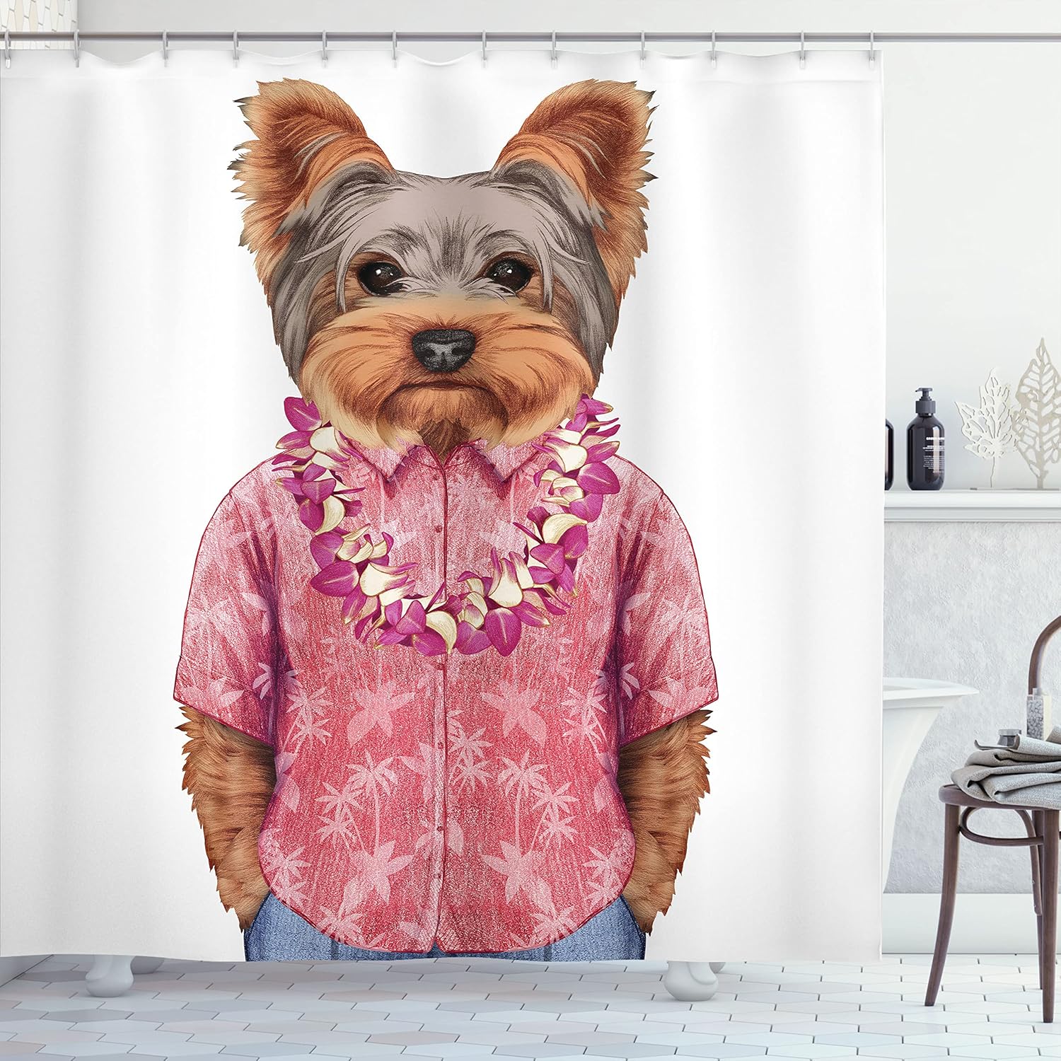 Ambesonne Yorkie Shower Curtain, Portrait of a Dog in Humanoid Form with a Pink Shirt with Hawaian Lei Fun Image, Cloth Fabric Bathroom Decor Set with Hooks, 69" W x 70" L, Cinnamon Pink