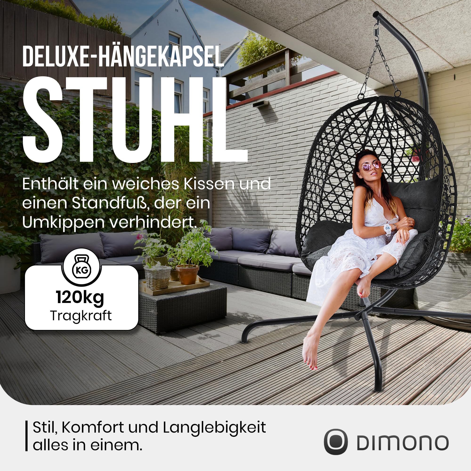 Hängesessel mit Gestell; Hängekorb Sessel; Schwebeliege Rattan Outdoor & Indoor Relax-Stuhl; Egg Schaukel ideal für Garten, Terasse, Kinderzimmer, Leseecke UVM. 120kg Tragkraft (Grau)