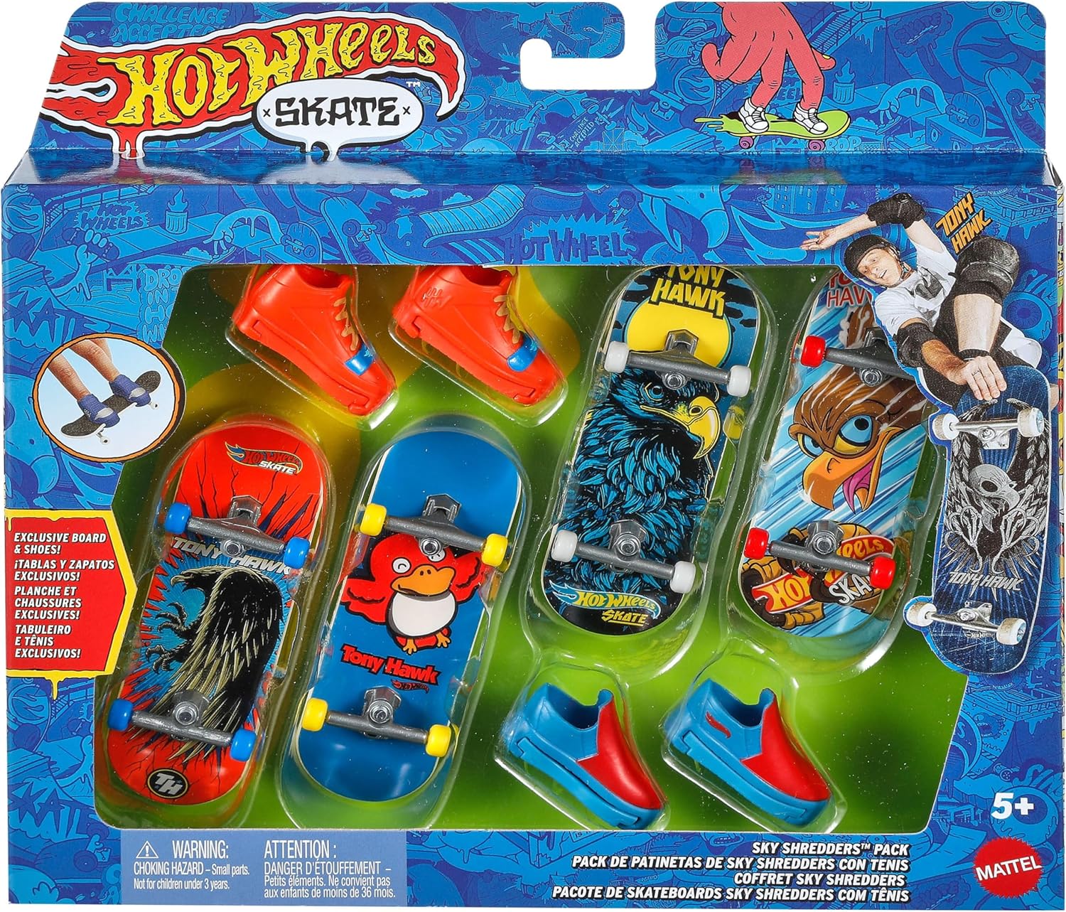 Hot Wheels Skate Tony Hawk Fingerboard & Removable Skate Shoes Multipack, 4 Fully Assembled Boards, 2 Pairs of Skate Shoes, 1 Exclusive Set (Styles May Vary)