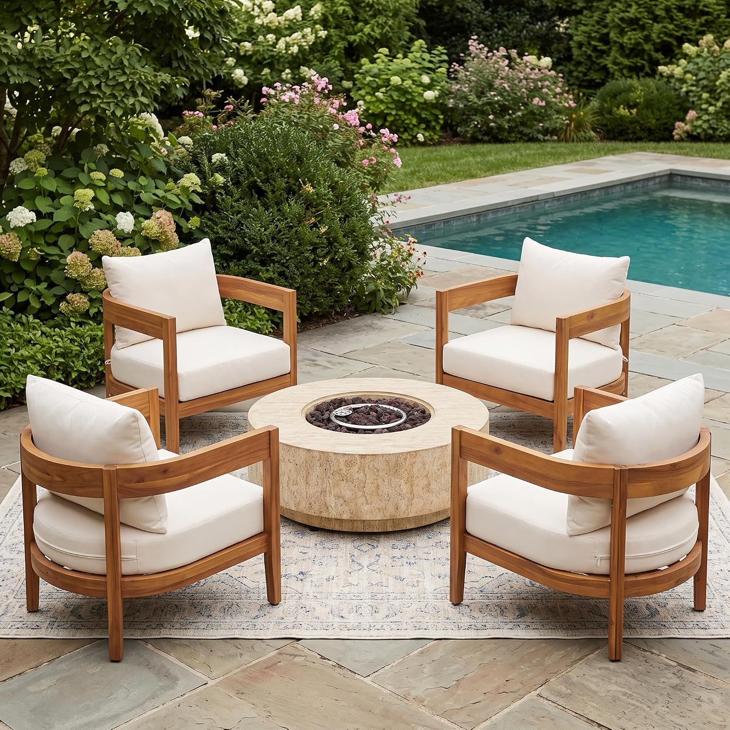 Christopher Knight Home Kavi Patio Furniture Set with Fire Pit Table, Outdoor Conversation Set with Fire Table, Acacia Wood Lounge Chair Outdoor Set of 4 with Cushion, Beige+Teak+Travertine