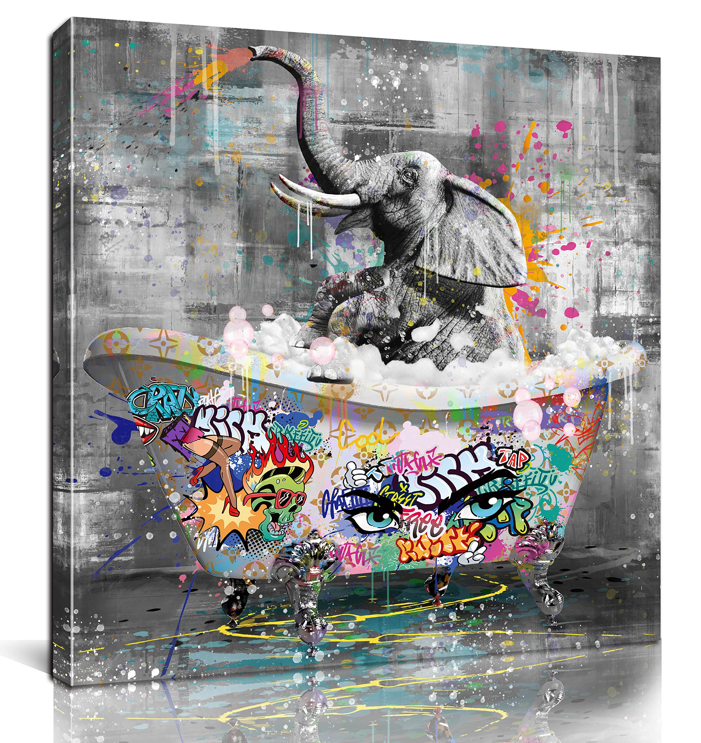 Bathroom Wall Art Funny Elephant in the Bathtub Graffiti Canvas Wall Art Black and White Wall Art Ready to Hang Size 30”W x 30”H