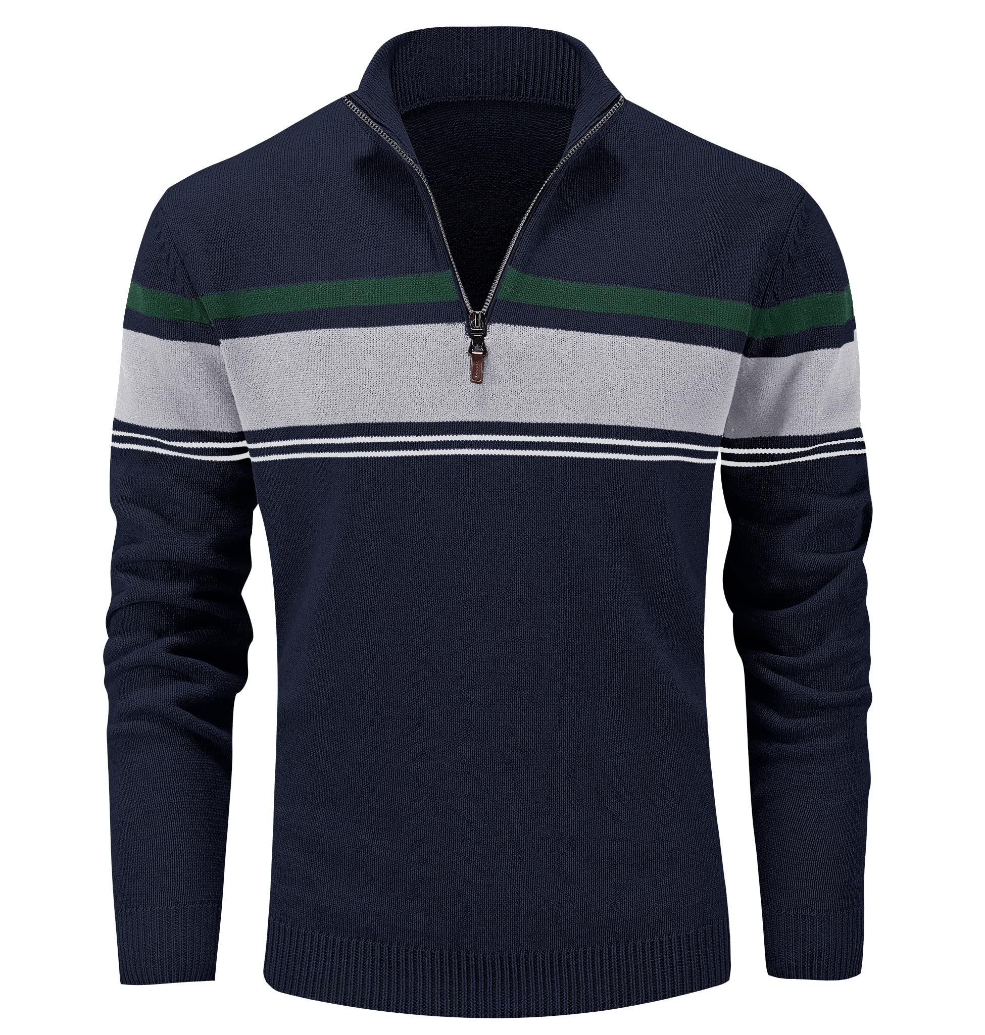 MAGCOMSEN Maglione da uomo a maglia con colletto alto, 1/4 zip, a righe, in cotone, a maniche lunghe, in pile, elasticizzato, per autunno e inverno