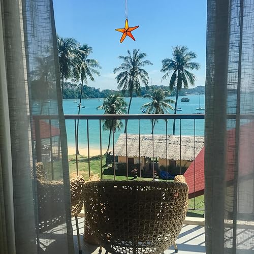 Miniatura 6 de Atrapasoles de estrella de mar naranja 3 pulgadas de vitral colgante para decoración del hogar con encanto costero y detalles de decoración costera